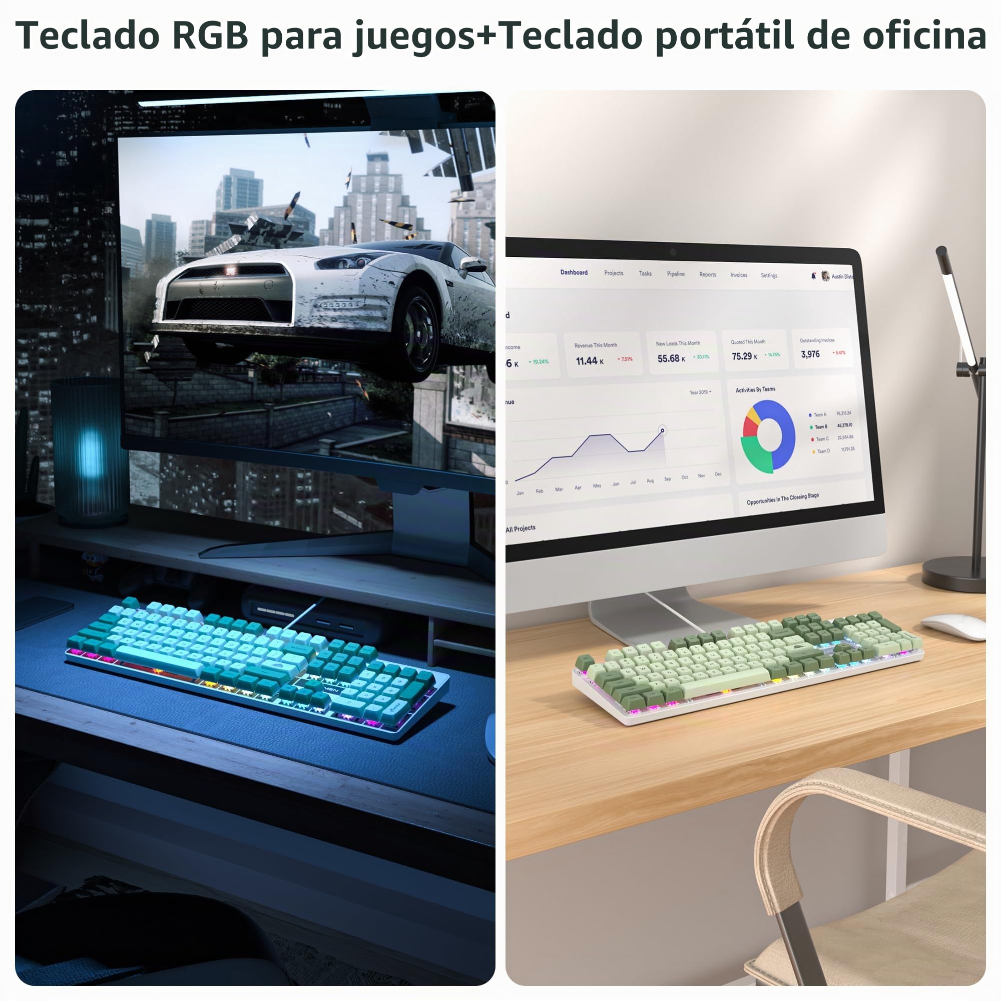 Sólido teclado mecánico para juegos de tamaño completo, diseño QWERTY Matcha Verde,con cable USB 104 teclas retroiluminado RGB con teclado numérico,teclado mecánico NKRO para Windows PC Gamer(104