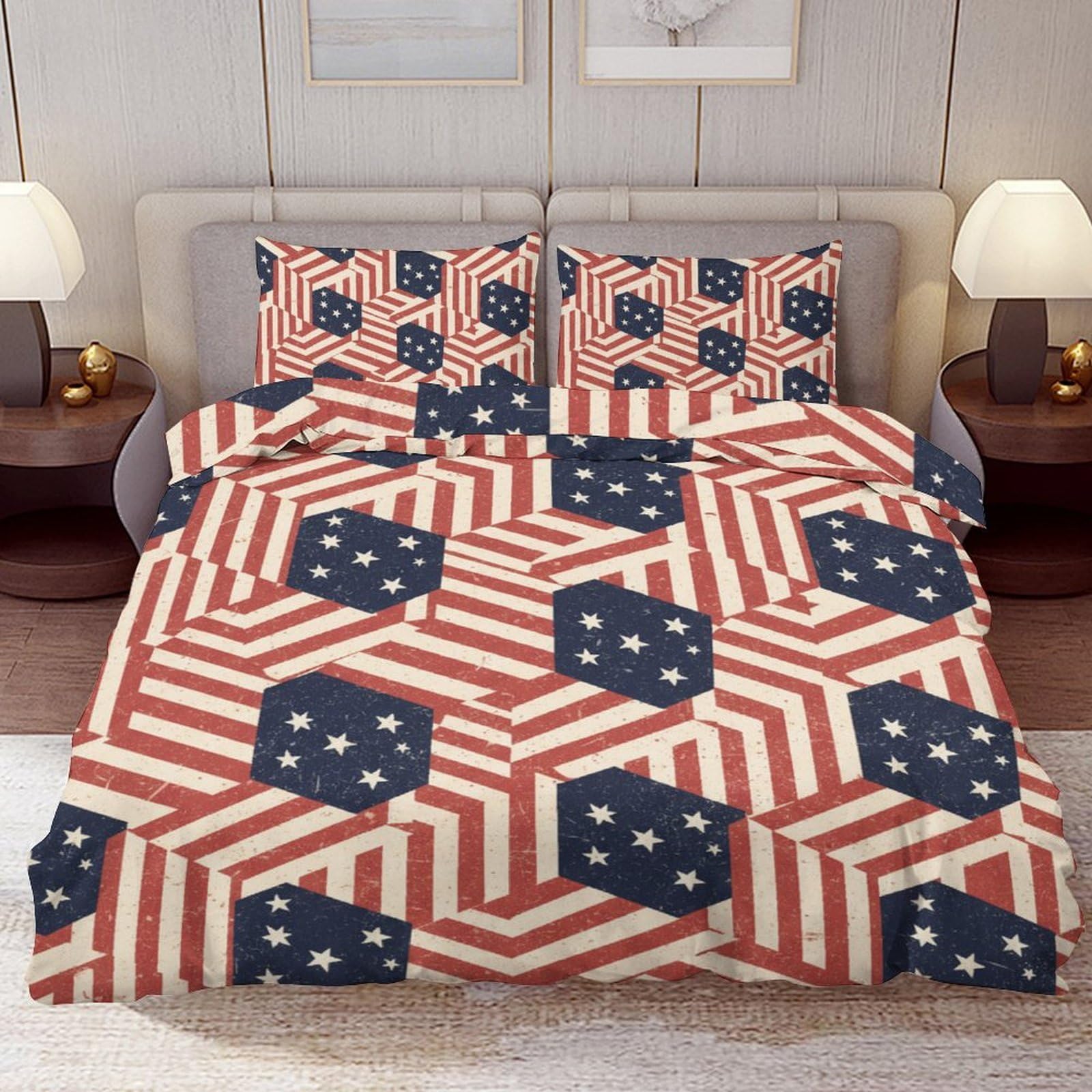 Delerain Comforter Cover Set Full Size, Geometric American Flag Theme 3-Piece Bedding Set for Boys Girls Teens Modern Soft Microfiber Bedroom Set Room Decor, 1 Duvet Cover + 2 Pillowcases