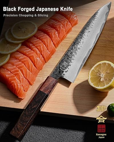 Miniatura 2 de Cuchillo de chef japonés de 8.27 pulgadas, cuchillo japonés forjado negro de 8.268 in con sándalo rojo y mango de madera Eboy, cuchillos de chef