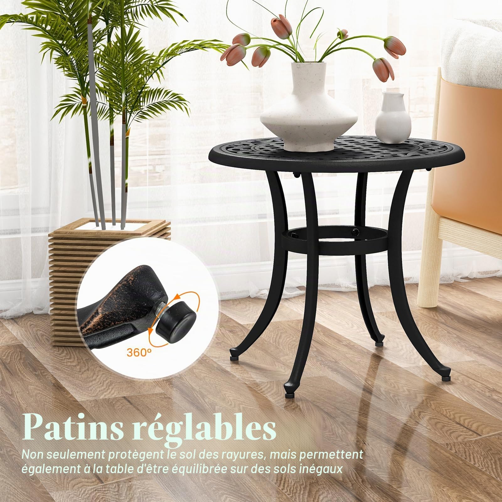 KOMFOTTEU Table de Bistrot Ronde en Fonte d'Aluminium, Table d’Appoint, Cadre en Métal, Charge de 50 kg, Meuble de Jardin, Style Vintage, pour Balcon, Terrasse, Patio, Φ60 x 53 cm (H) (Marron)