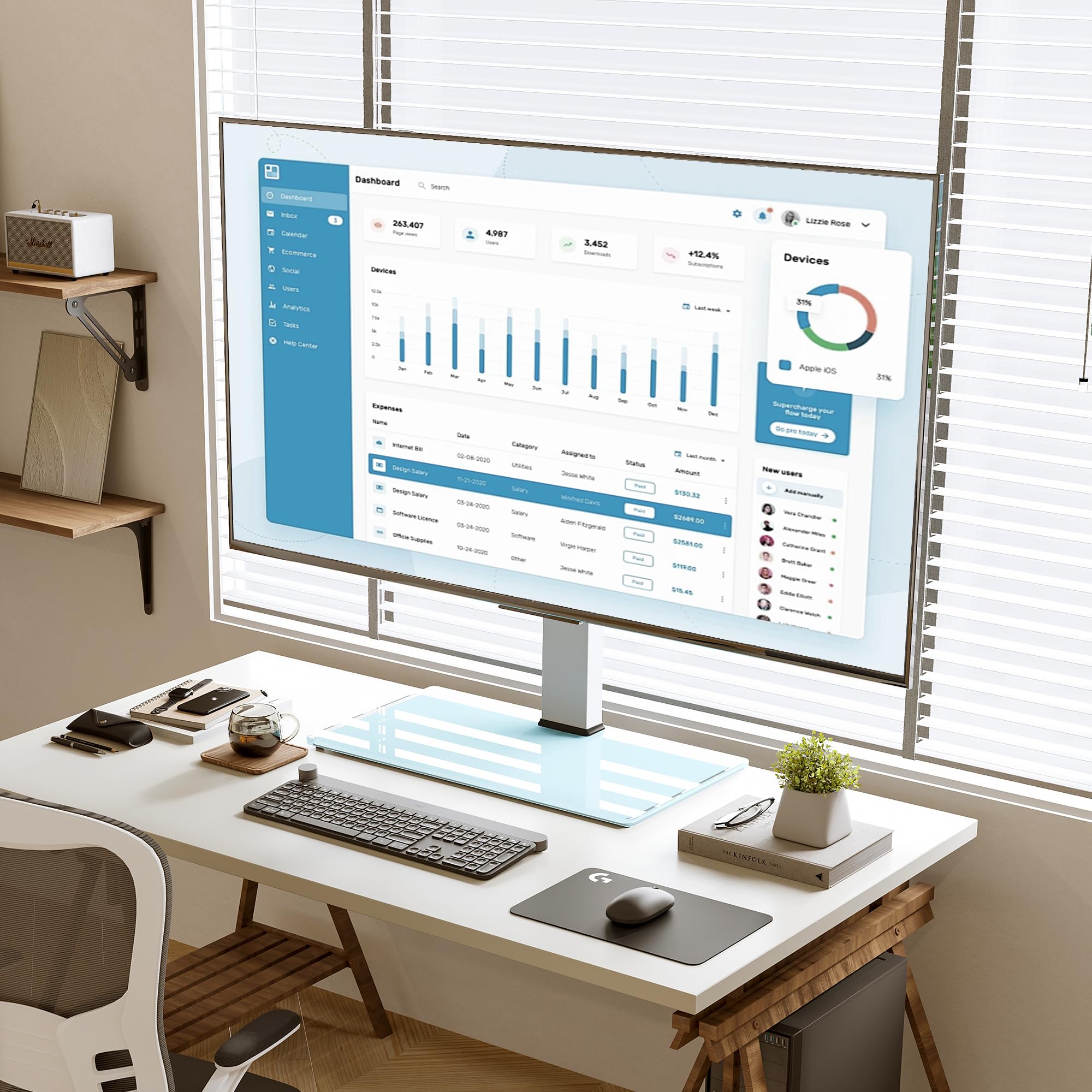 FITUEYES Supporto TV da tavolo da 50-85 pollici, stabile piedistallo per TV con regolazione in altezza, girevole a 80° e base in vetro temperato, supporta 65 kg, VESA max 800 x 600 mm, bianco (Bianco)