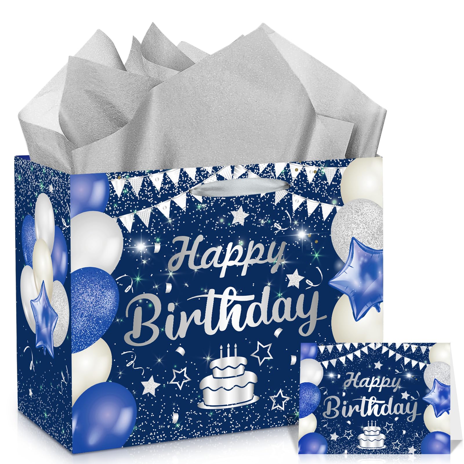 Blue Birthday Gift Bag with Tissue Paper and Greeting Card, 11.8" Navy Blue Silver Happy Birthday Wrap Bag for Kids Adults Anniversary Party Decorations Goodie Wrapping Bag Presents Decor Supplies — image 1