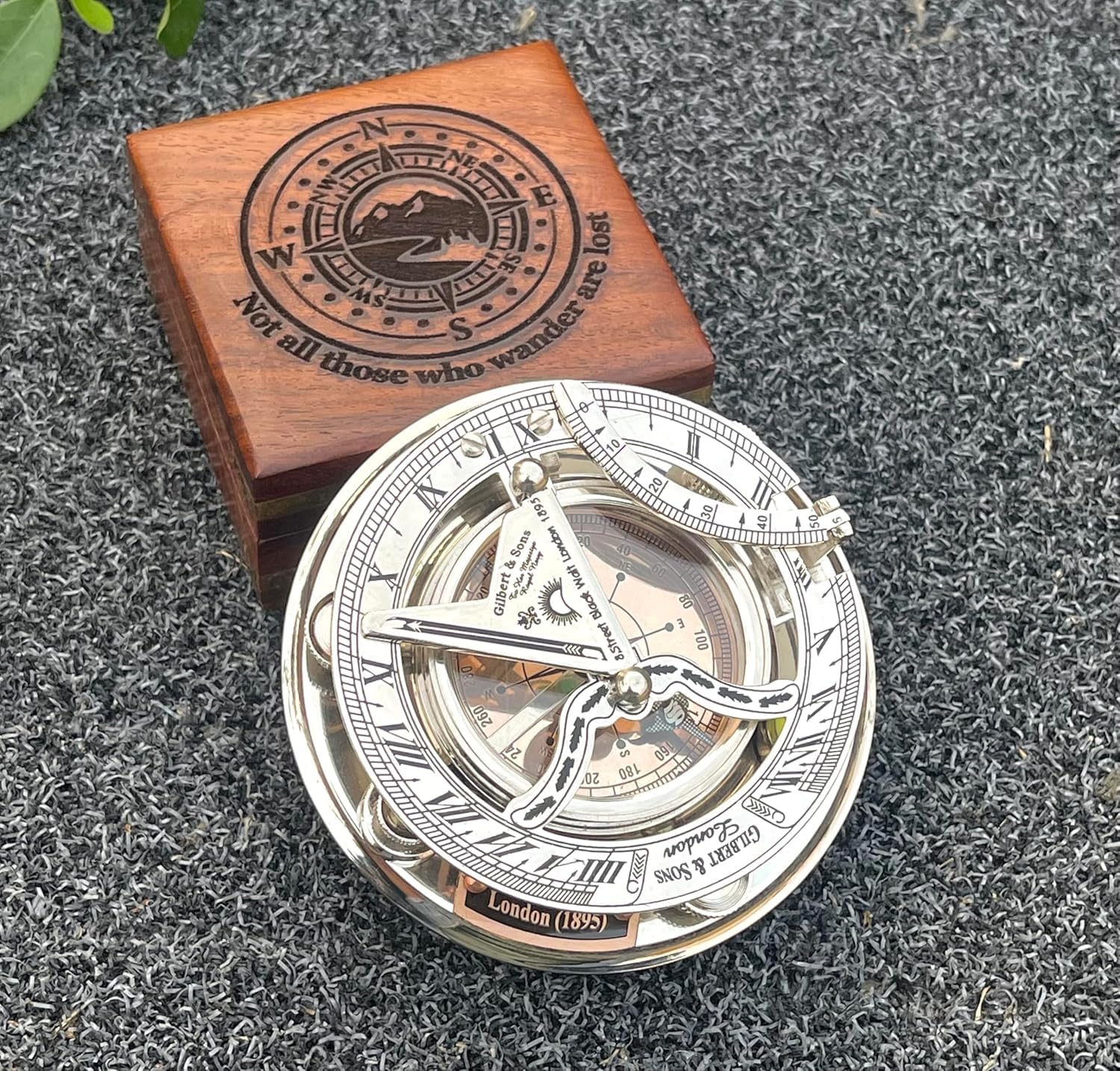 Woanin Full Silver Compass, Personalized Engraved Sundial Compass, Antique Brass & Copper Compass, Sundial Clock In Box Gift Sun Clock Vintage Gift (Full Silver)