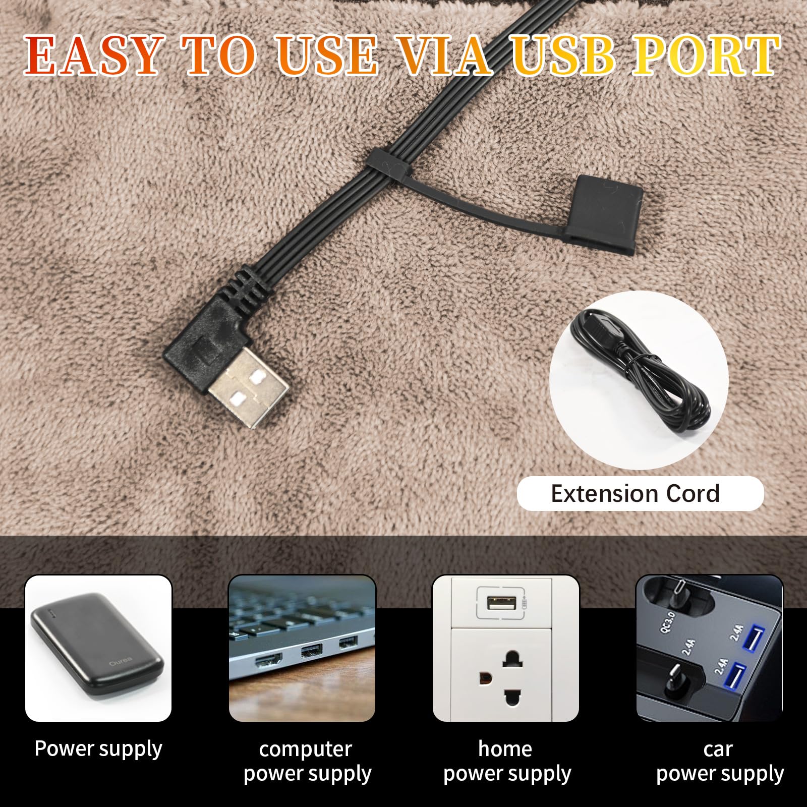 Ourea USB Heated Blanket, 50" x 60" Throw Portable, Soft Milk Velvet Electric Blanket Battery Operated with 3 Heating Levels, with USB Charger and Battery Pack, Machine Washable (Light Brown)