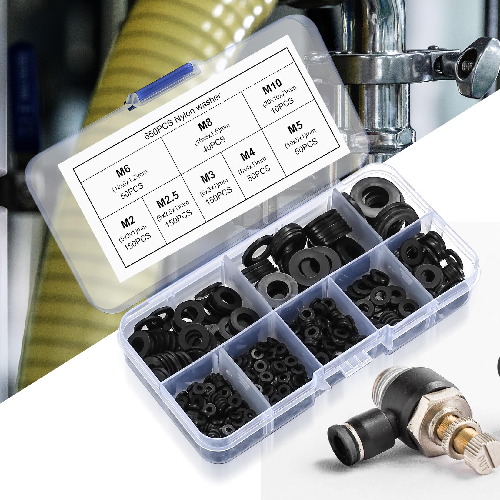 650 pz. Rondelle in nylon, rondelle piane in plastica per carrozzeria, rondelle di supporto rotonde, guarnizioni per viti isolanti - Nero, M2/M2.5/M3/M4/M5/M6/M8/M10