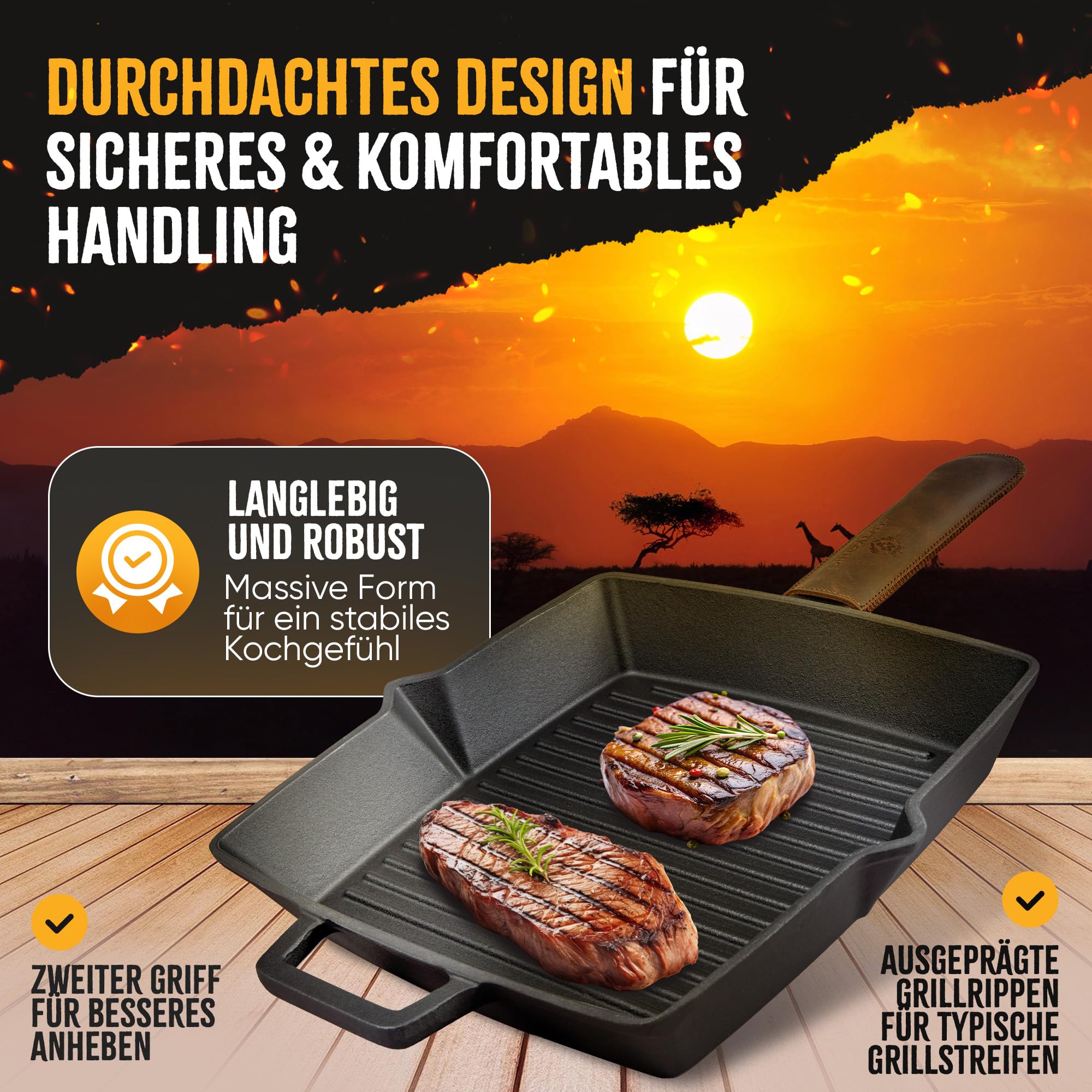 Grillpfanne Gusseisen emailliert [26 cm] Kein Einbrennen nötig | Eckige Steakpfanne mit Rillen zum Grillen - für alle Herdarten, Ofen, Induktion | Grill-Pfanne mit Reinigungsbürste