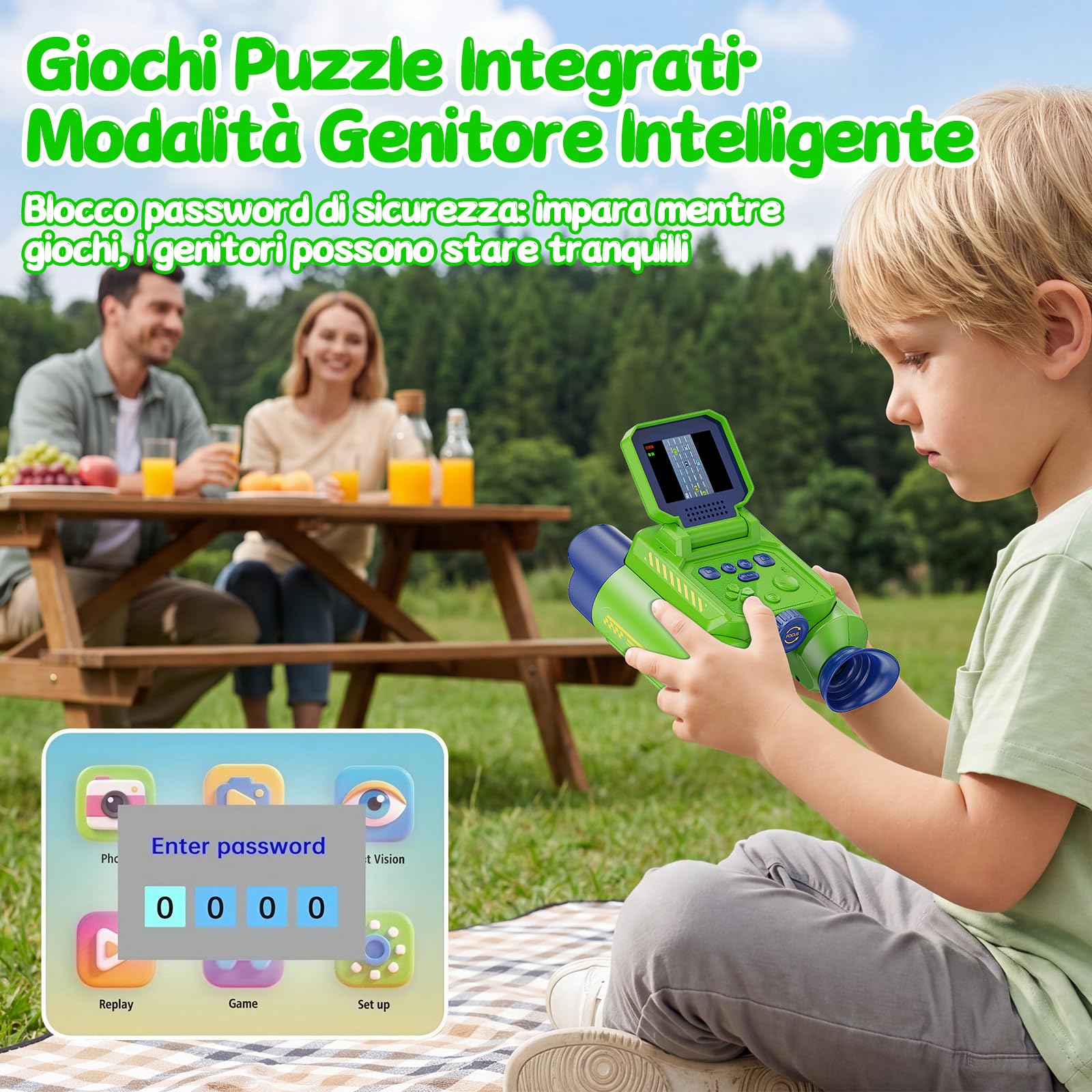 Binocolo Bambini con Fotocamera, Visione Notturna(Verde) | Binocolos Interattivo con Zoom Ottico 10x, Foto 48 MP e Video in 1080P, Esplorazione Natura regalo per bambini