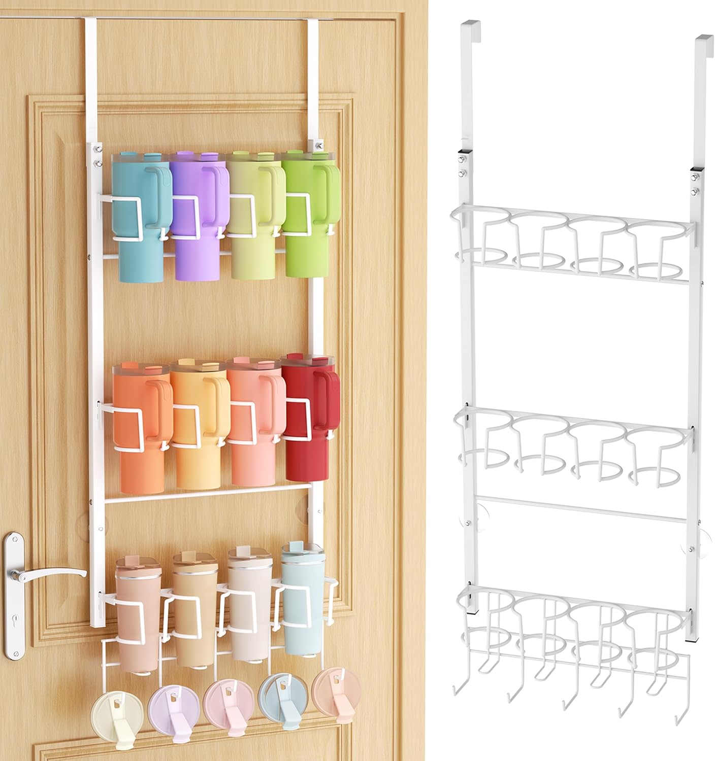 SWTYMIKI 3-Tier Water Bottle Organizer - Over the Door Stanley Cup Holder - Cup Rack with Hooks for Door or Wall Mount Option- Tumbler Organizer Storage Display for Kitchen Dorm Office RV, White