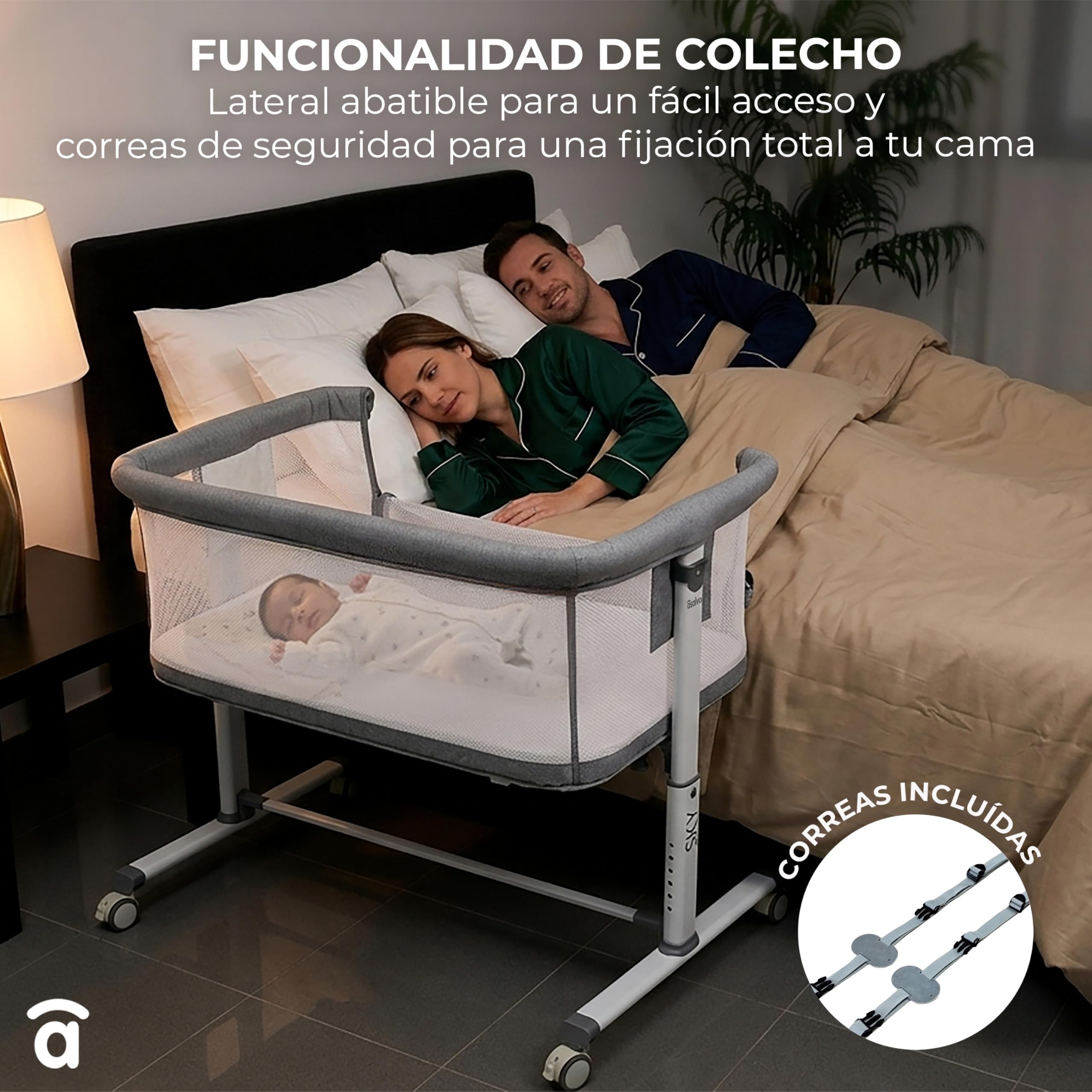 Minicuna de colecho lateral abatible | 6 alturas regulables, colchón incluido, malla transpirable 360º | Certificada EN 1130 y EN 16890 | Sky Gris Asalvo