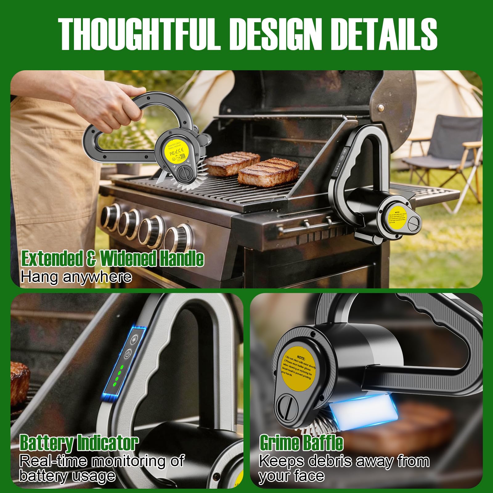 Cepillo eléctrico para parrilla al aire libre, limpiador de parrilla recargable de 4400 mAh con luz LED/pantalla, cepillo de limpieza inalámbrico de 150 minutos de tiempo de funcionamiento para
