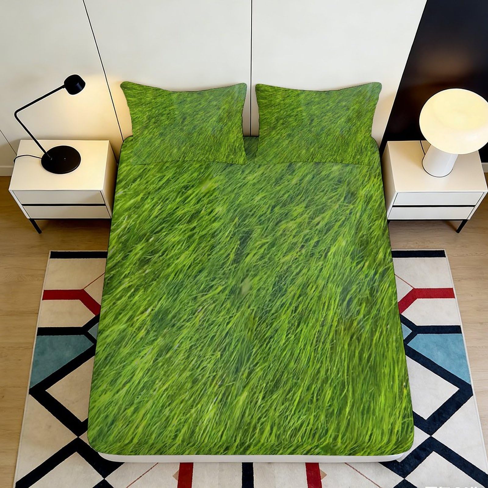 3D Printed green grass Fitted Sheet soft touch Microfiber wrinkle resistant home decor, anti-slip, easy care, apartment bedding, decorative for bedroom, guest room 160x200x25cm