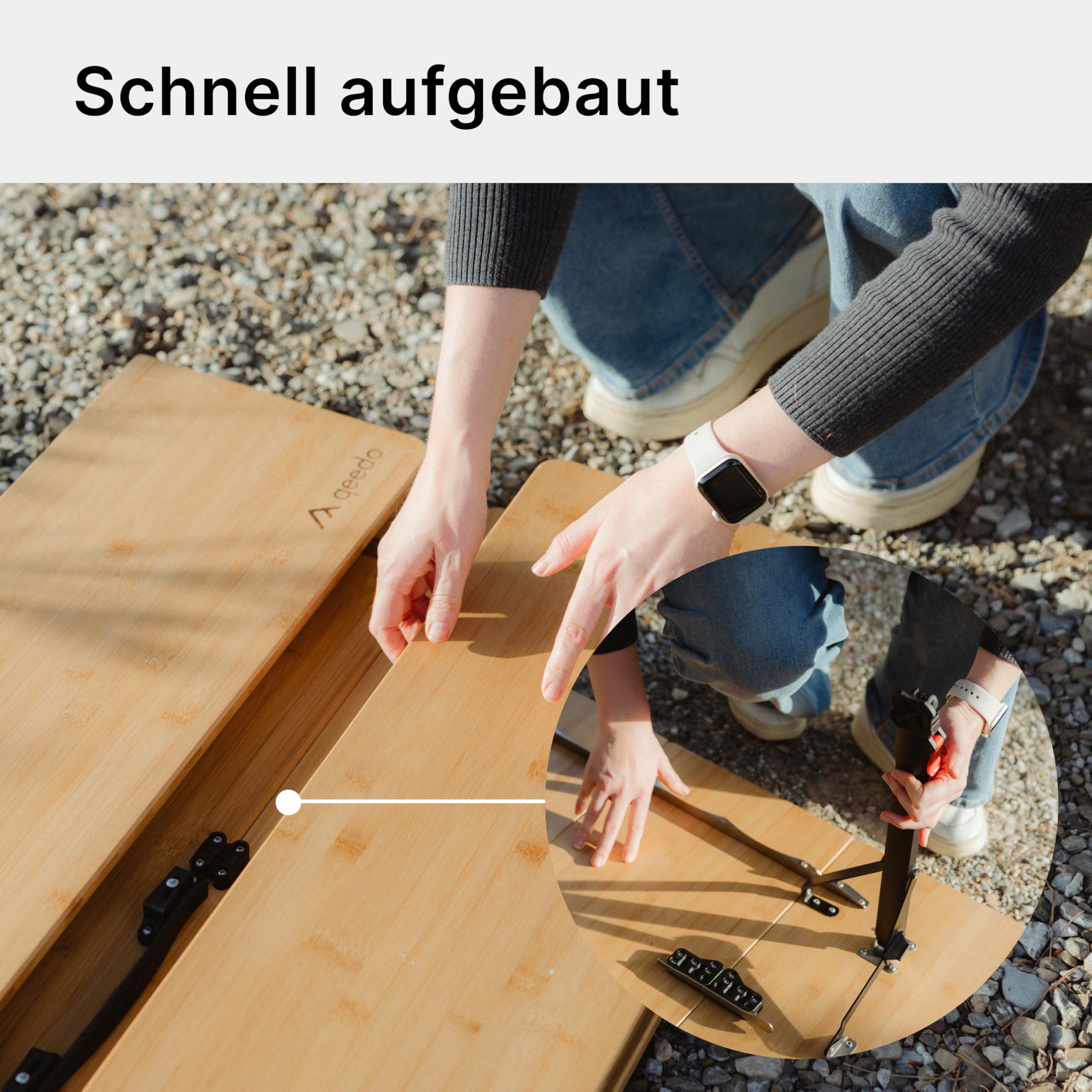 qeedo Quick Kimmy Campingtisch - klappbarer Bambus Tisch höhenverstellbar 43 bis 70 cm - Faltbarer Campingtisch mit Tragegriff & Packtasche - Stabiler Outdoor Tisch für Camping, Garten und Picknick