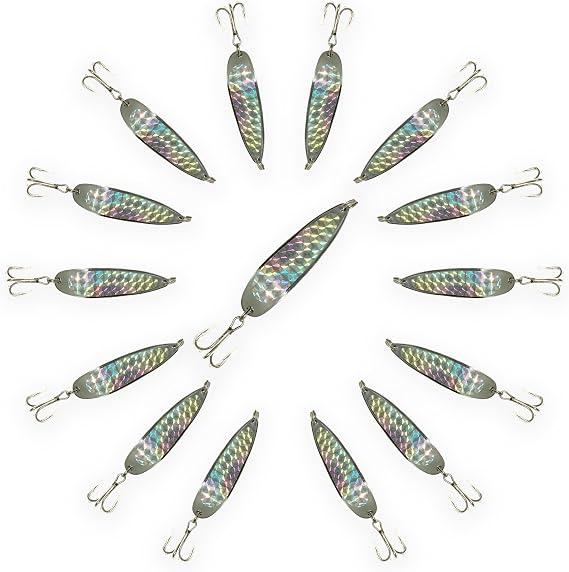 Crocodile Spoons Fishing Lures 1/4oz, 15 Pcs, Silver Chrome with Treble Hooks, for Saltwater & Freshwater Casting, Spinner Bait Action, Ideal for Bass, Trout, and Gamefish