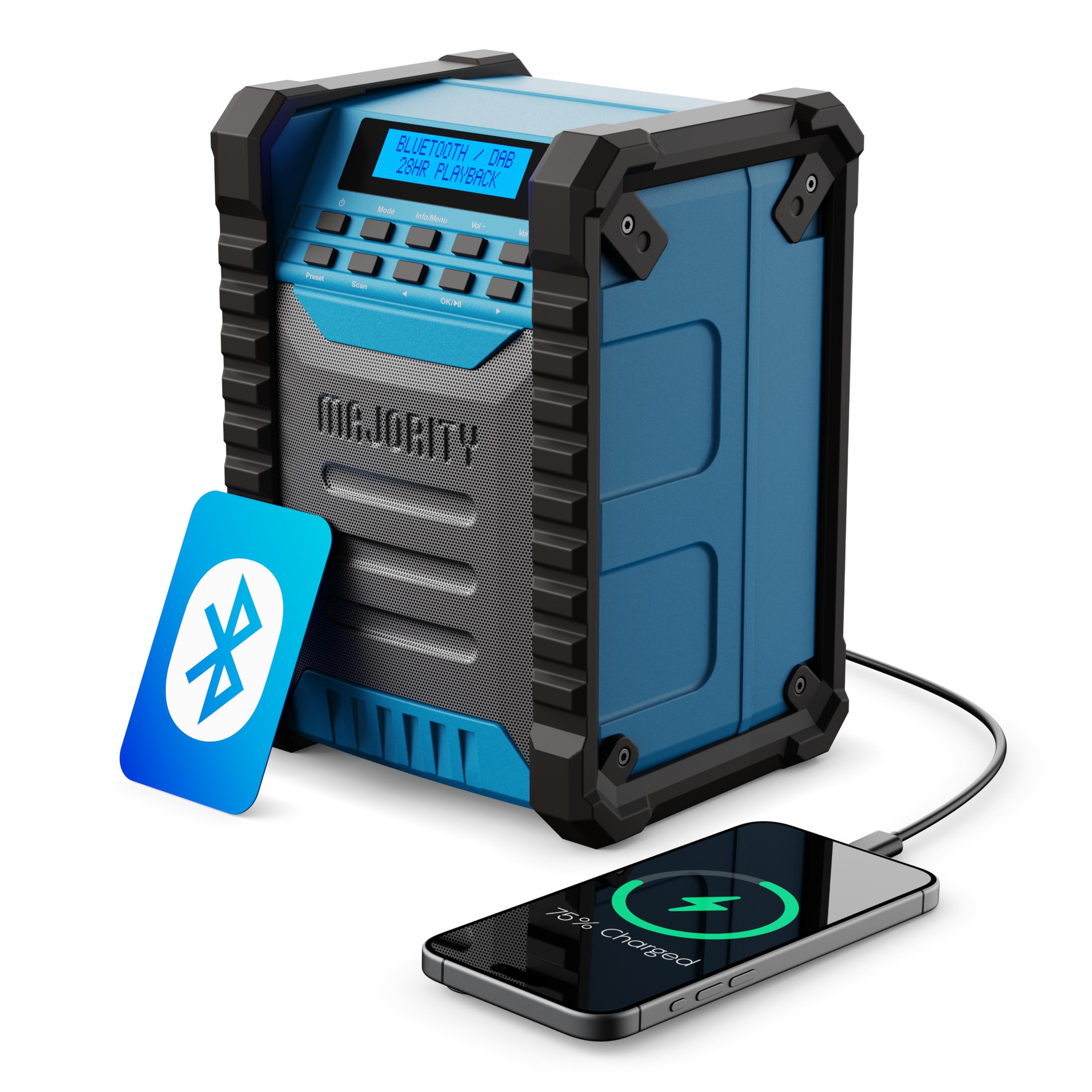 MAJORITY Landbeach Baustellenradio | DAB Radio mit Bluetooth für Baustelle | 10.000mAh Akku & USB-Powerbank | 28 Stunden Akkulaufzeit | IP54 Staub- und Wasserdicht DAB Plus & UKW Radio mit Stromkabel