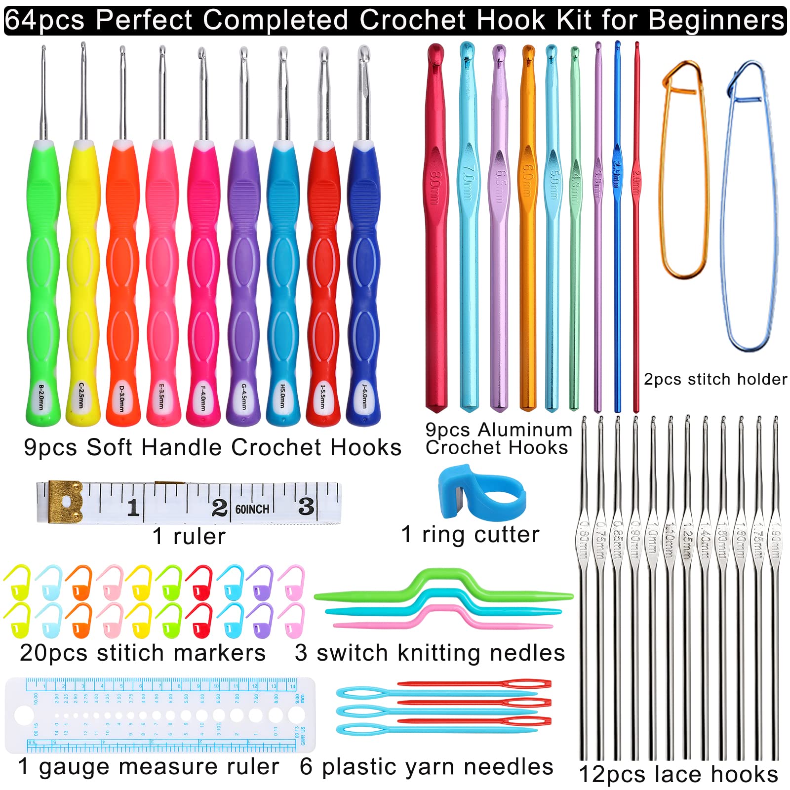 LOOEN Juego de agujas de ganchillo de aluminio de colores con estuche de almacenamiento, mango de goma, agarre cómodo, kit de manualidades para manualidades, 64 piezas