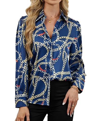 Women Silky Printed Button Down Shirts Wrinkle-Resistant Relaxed Fit Fashion
