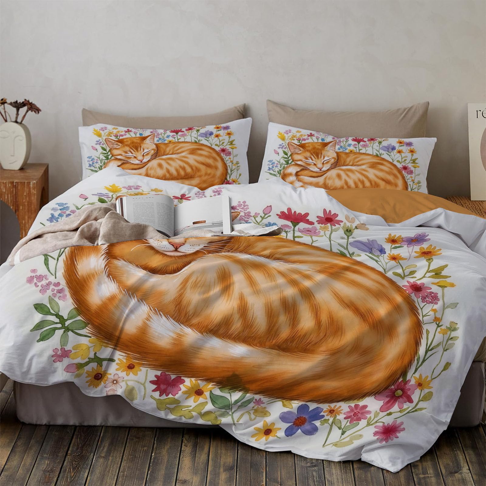 Housse de couette 140x200 orange imprimé fleurs vintage microfibre douce