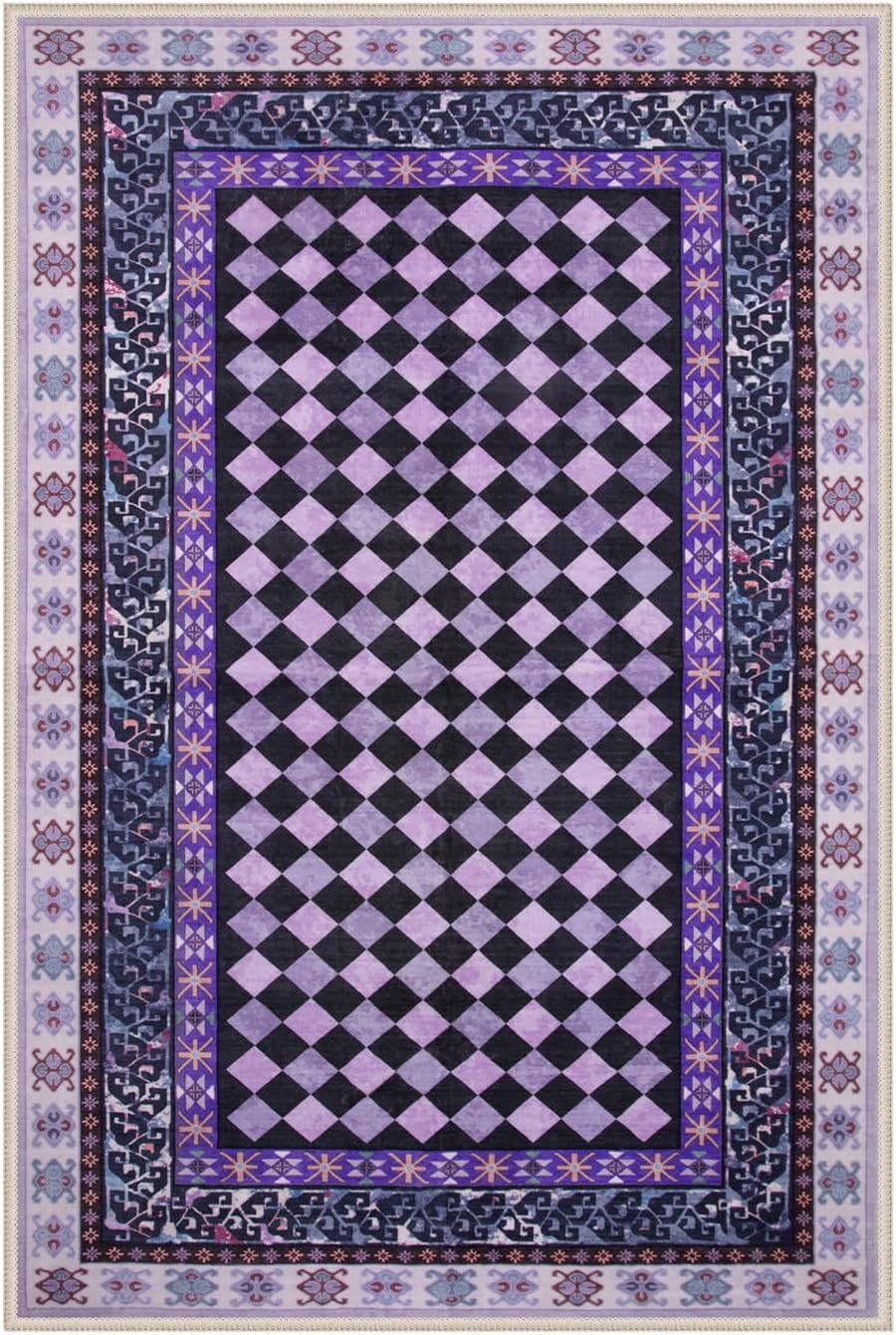 Wonnitar Washable 2x3 Checkered Rug Non Slip Kitchen Mats for Floor, Small Door Mat Indoor Entrance Entryway Rug, Low Pile Soft Purple Bathroom Rugs Floor Carpet for Bedside(Purple,2x3)