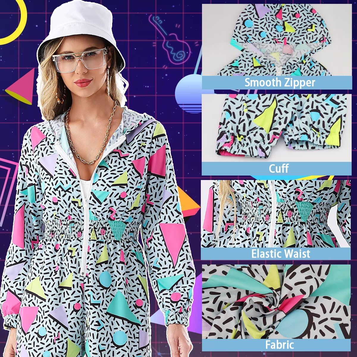 Hoodies Jumpsuit 80s 90s Outfits for Women Tracksuit Costume One Piece Windbreaker Hip Hop Neon Party - Image 3