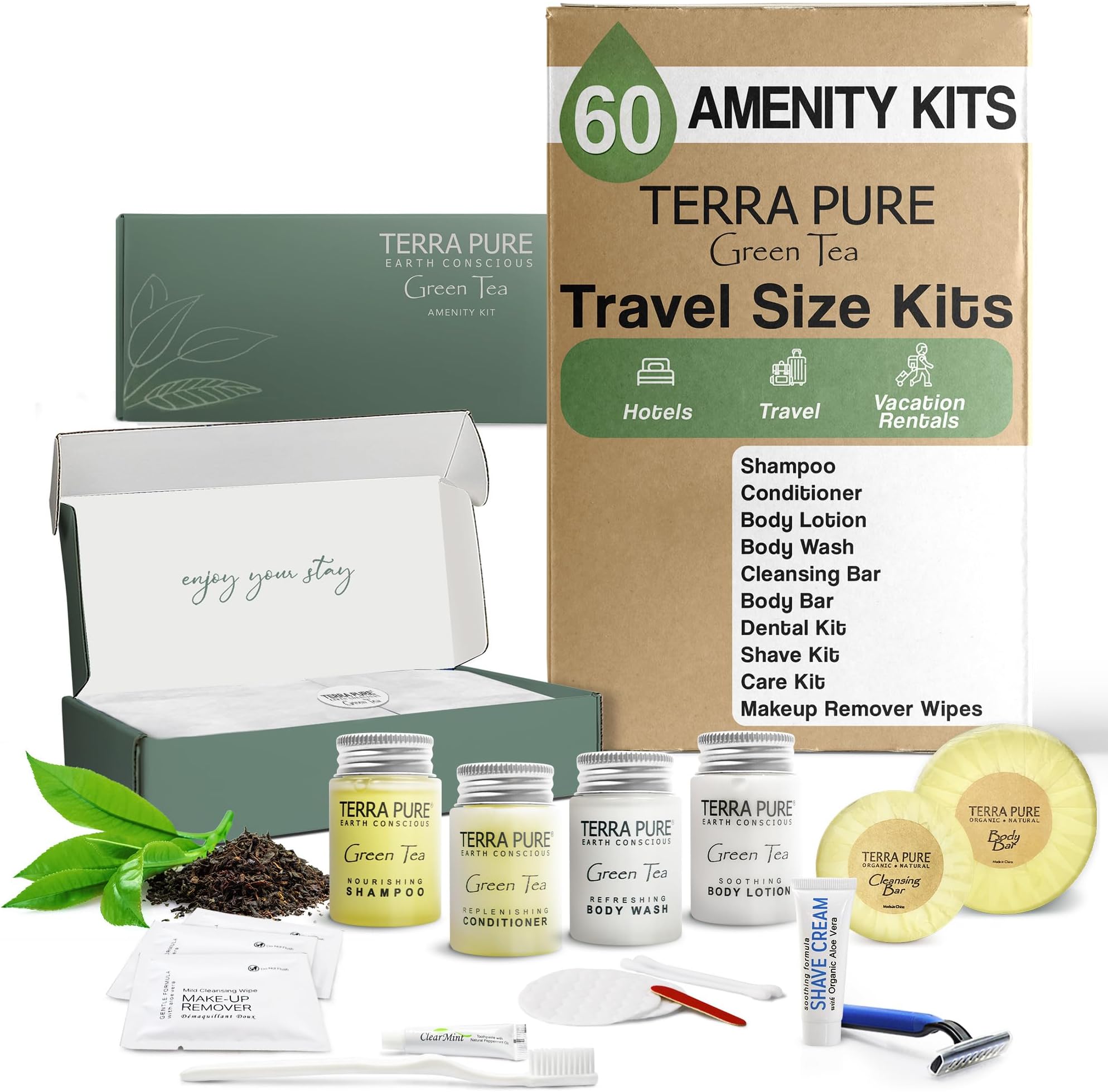 Terra Pure Green Tea Amenity & Accessory Kit | 1 oz Travel Size Shampoo, Conditioner, Lotion, Body Wash, 2 Soap Bars, Shave & Dental Sets, Make-Up Remover Wipes, & Vanity Kit | 60 sets per case