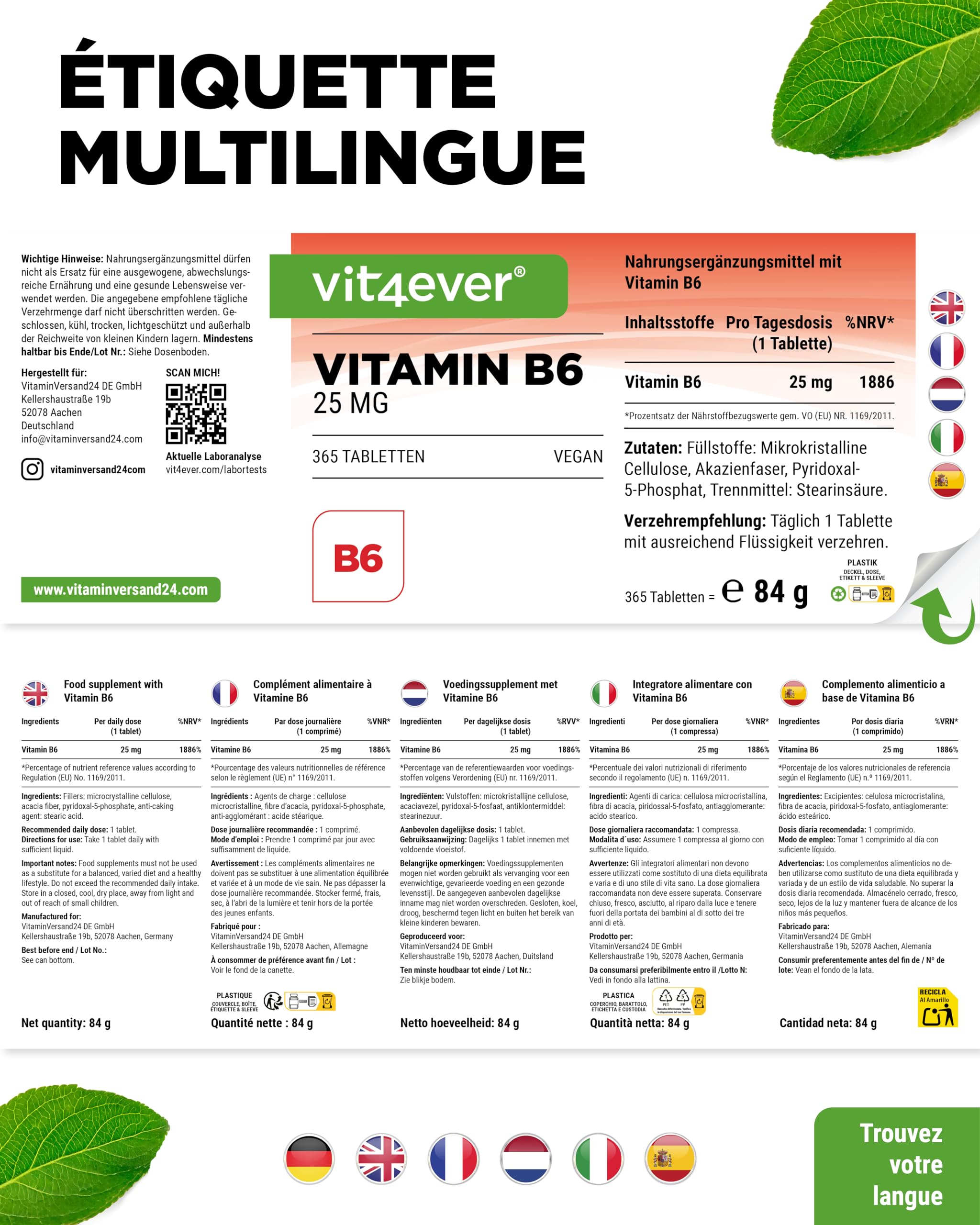 vit4ever Vitamine B6 sous Forme de P-5-P - 365 Comprimés - Hautement Dosée à 25 mg (Pyridoxal-5-Phosphate) - Premium : Vitamine B6 Bioactive - Sans Additifs Indésirables - Vegan