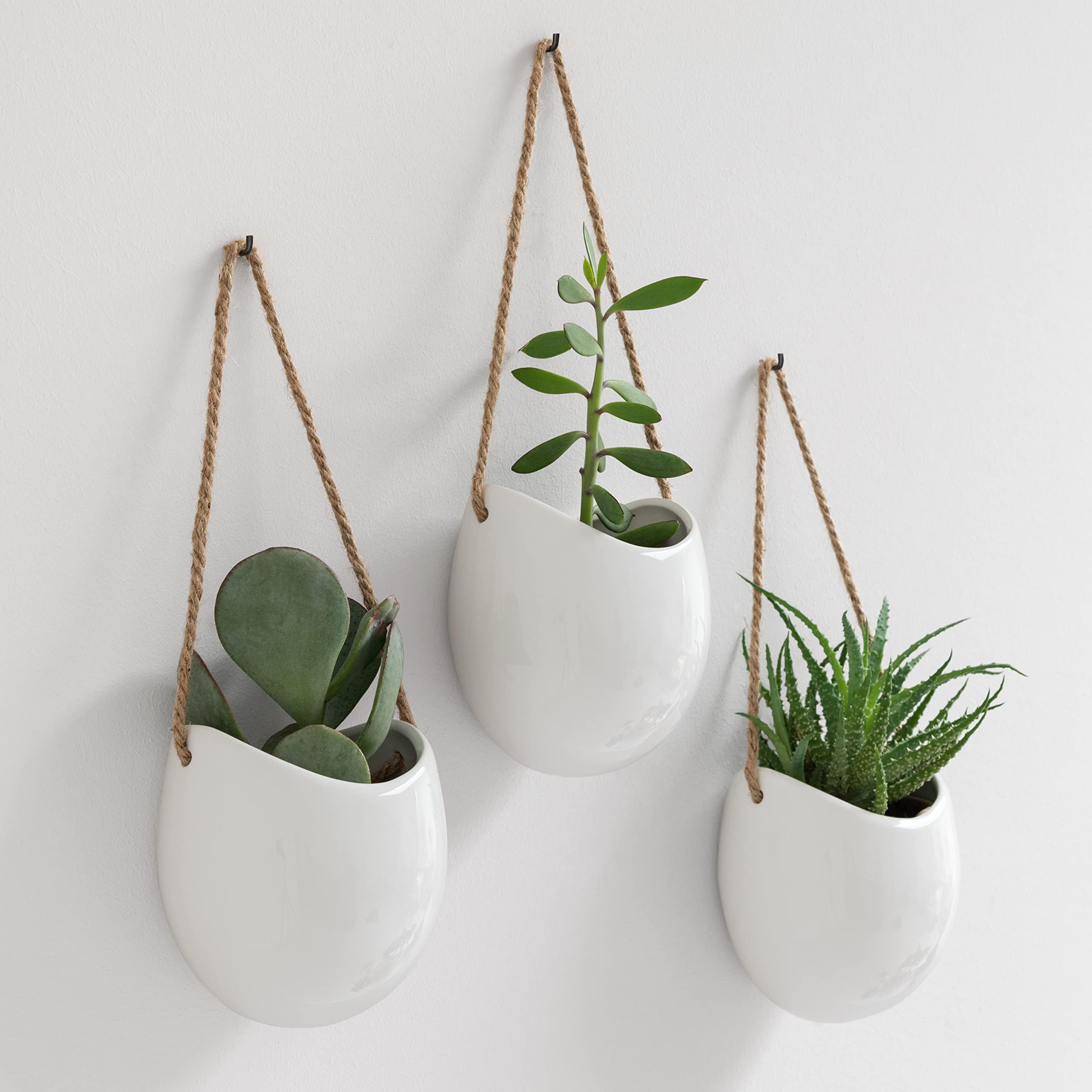 KAZAI. Wall Planters -Ellie- | Hanging Ceramic Plant Pots 3 Pieces | Wall Decoration for Indoors, Balcony and Garden | White (glossy)