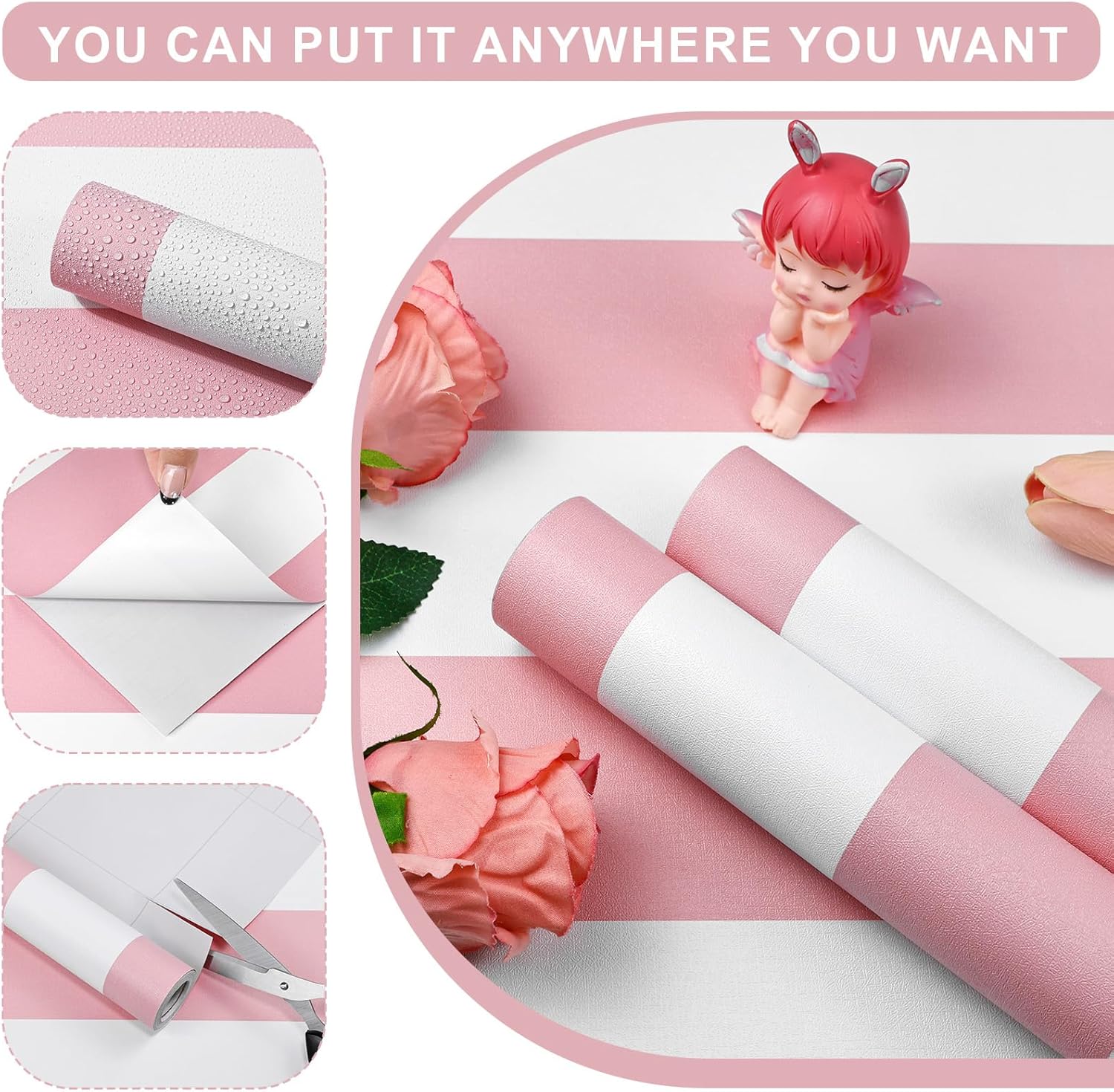 Pink and White Striped Wallpaper 17.3"x400" Pink Striped Peel and Stick Wallpaper Waterproof Contact Paper Modern Self-Adhesive Vinyl Wall Paper for Bedroom Bathroom Nursery