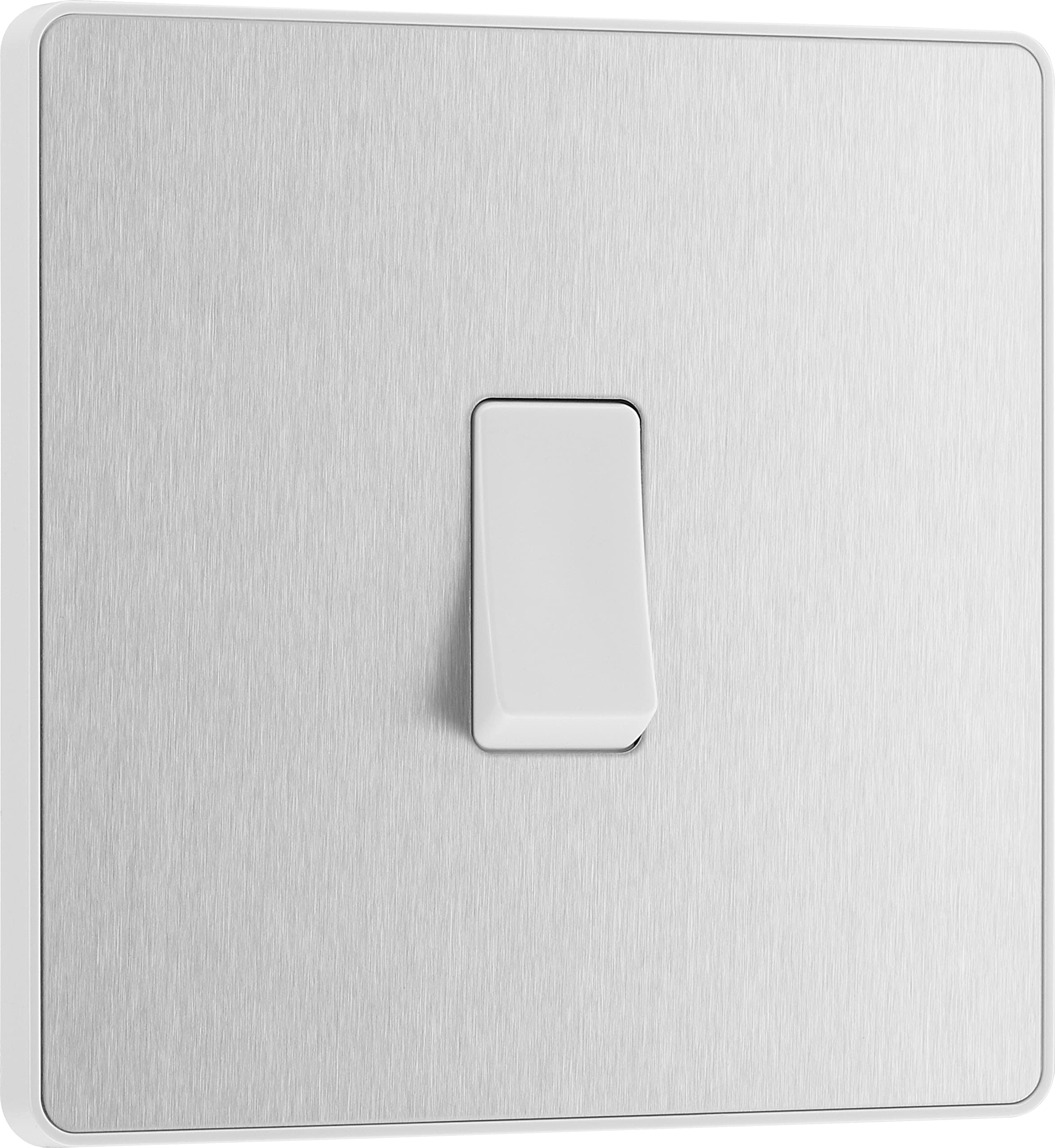 BG PCDBS12W Brushed Steel Evolve 1 Gang 20A 16AX 2 Way Light Switch - White Inse