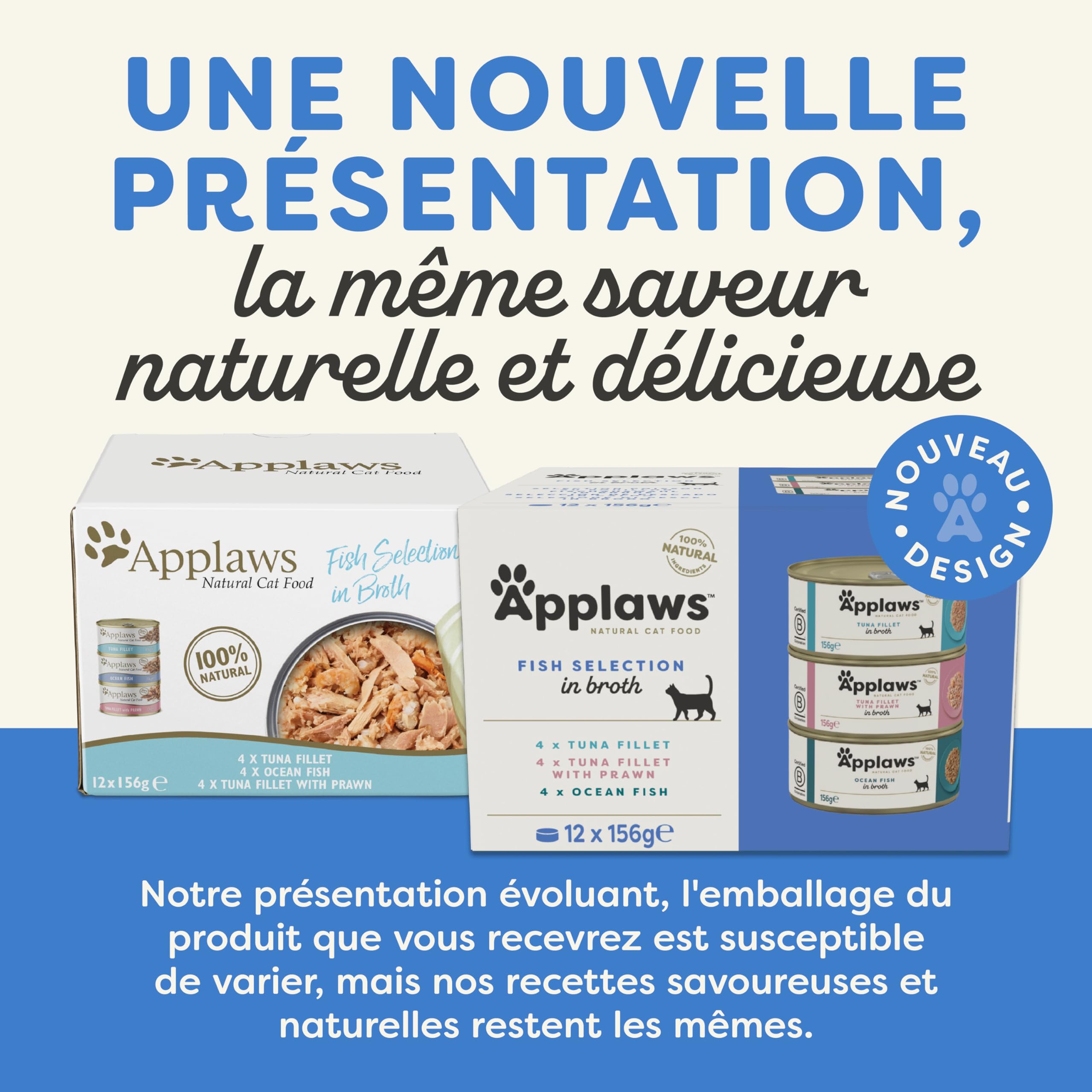 Applaws 100% alimentation humide naturelle pour chat, sélection de poissons en bouillon - 12 boîtes de 156g