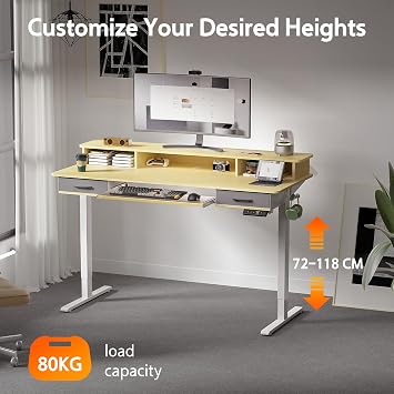 WALKINGDESK Electric Standing Desk with Keyboard Tray, 140 x 60 cm Height Adjustable Desk with 2 Drawers, Computer Desk with Storage Monitor Stand, Ergonomic Sit Stand Desk, Oak