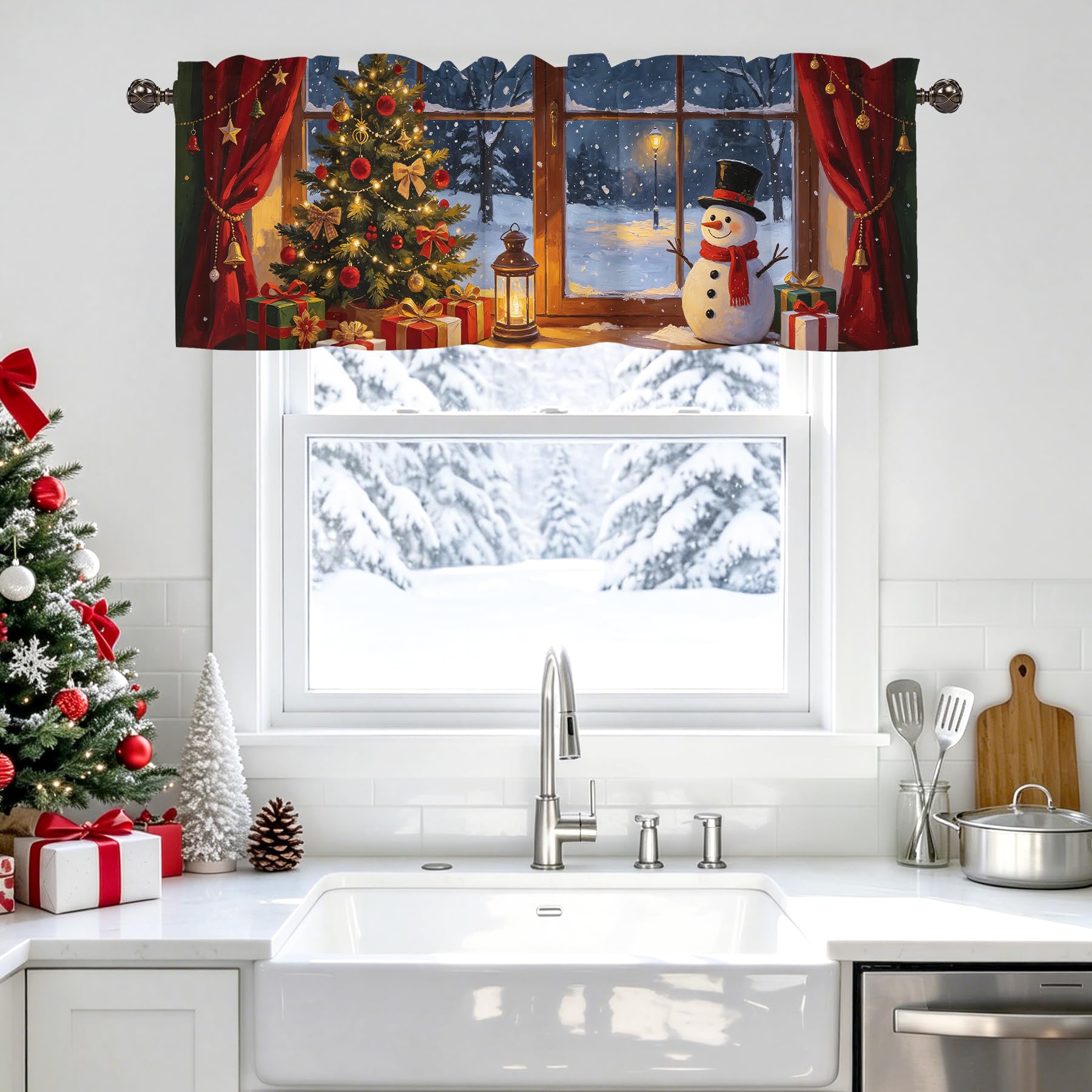 Christmas Snowman Valance for Windows,Window Treatment Curtains Rod Pocket Sheer Small Short Valance for Kitchen Bathroom Laundry Basement,42Wx12L inch,Snowflake Xmas Winter