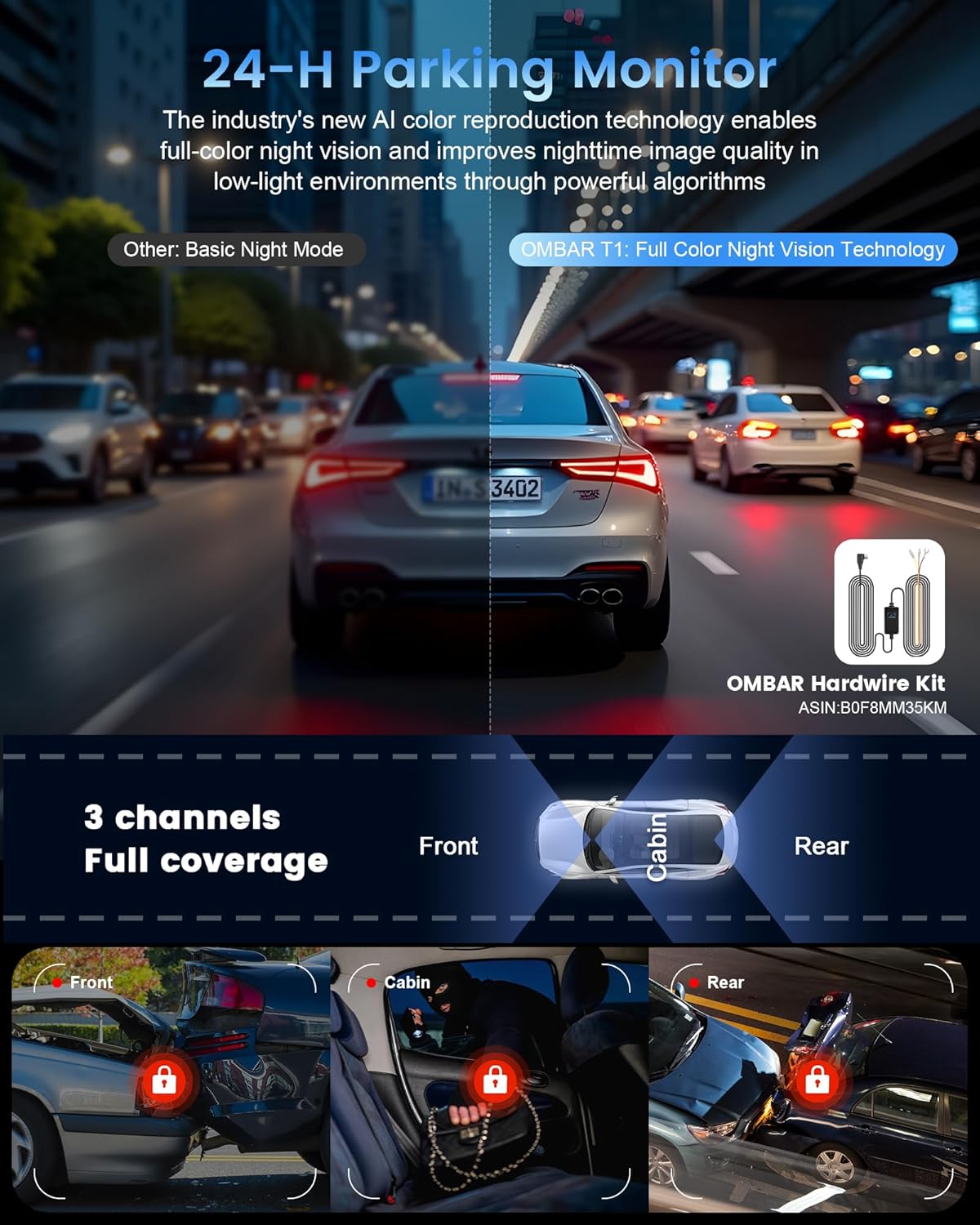 OMBAR T1 Dash Cam showing 24-hour parking monitor feature