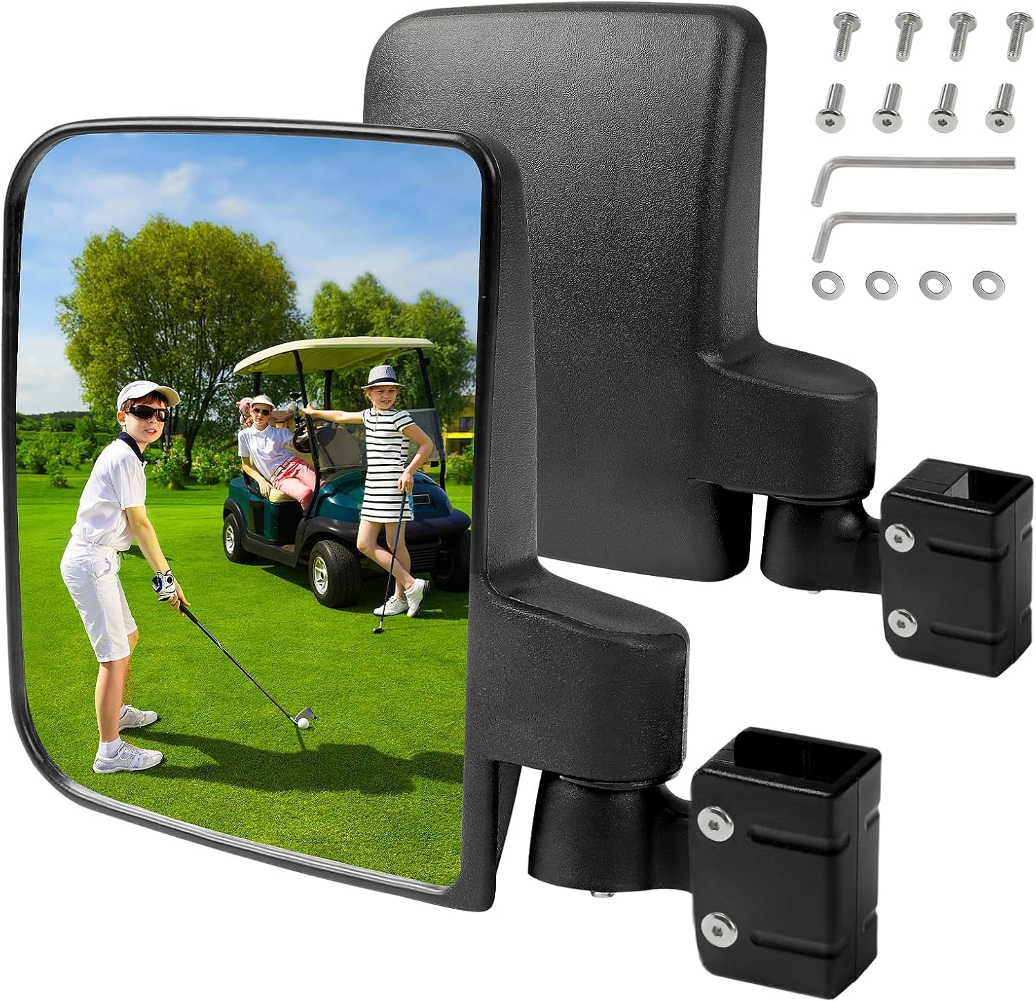 No Drilling Golf Cart Side Mirrors, Foldable Rear View Mirrors for 0.75" / 1" / 1.25" Square Strut, Fits to Ezgo, Club car, Yamaha Golf Cart, 180 Degree Rotation, HD Glass, Mount Included