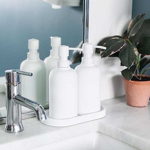 Miniatura 6 de Juego de dispensador de jabón blanco mate con bandeja, paquete de 2 dispensadores de jabón líquido de 15 oz redondos a prueba de óxido con bandeja
