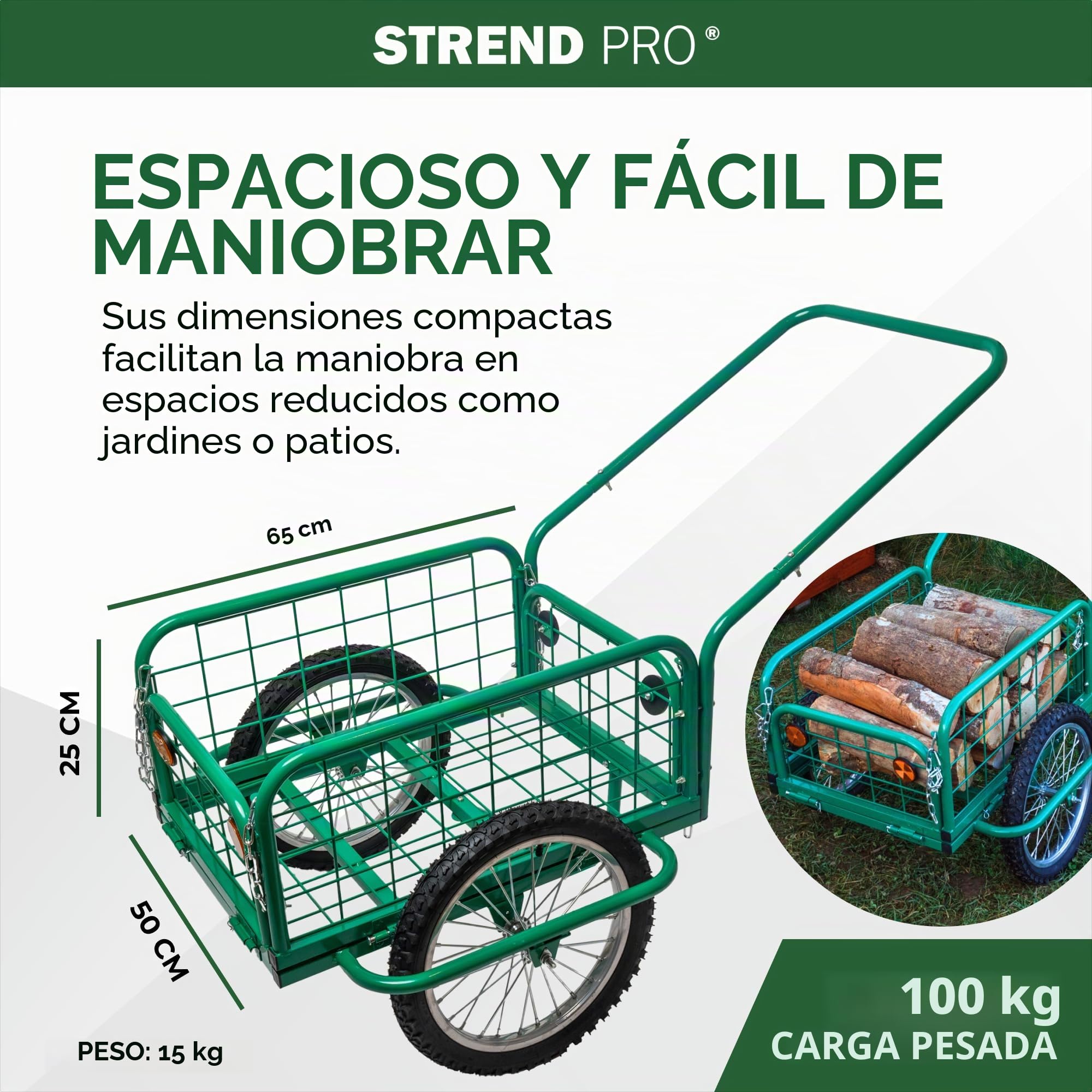 STREND PRO Victor - Carro de mano, metal, laterales plegables, hasta 100 kg, ruedas grandes, estructura de metal, carro de transporte para jardín y transporte, carro de madera, carrito de jardín