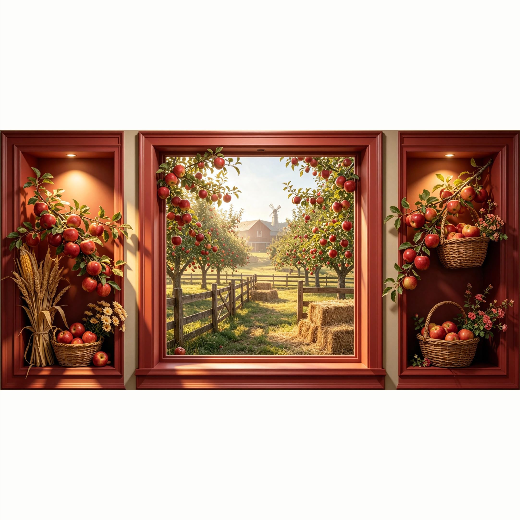 QZLITHOTIC 50x100cm 3D Framed Wall Art， Farmhouse Apple Orchard Harvest Landscape Self‑Adhesive Mural， Water‑Activated Peel & Stick Fabric Decor Wall Decal for Bedroom Living Room