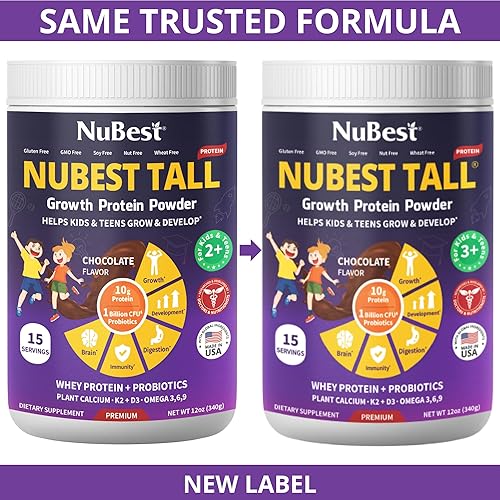 Miniatura 2 de NuBest Alto polvo de proteína para niños y adolescentes - Proteína en polvo de chocolate con algas rojas calcio, probióticos, Omega 3-6-9, vitamina