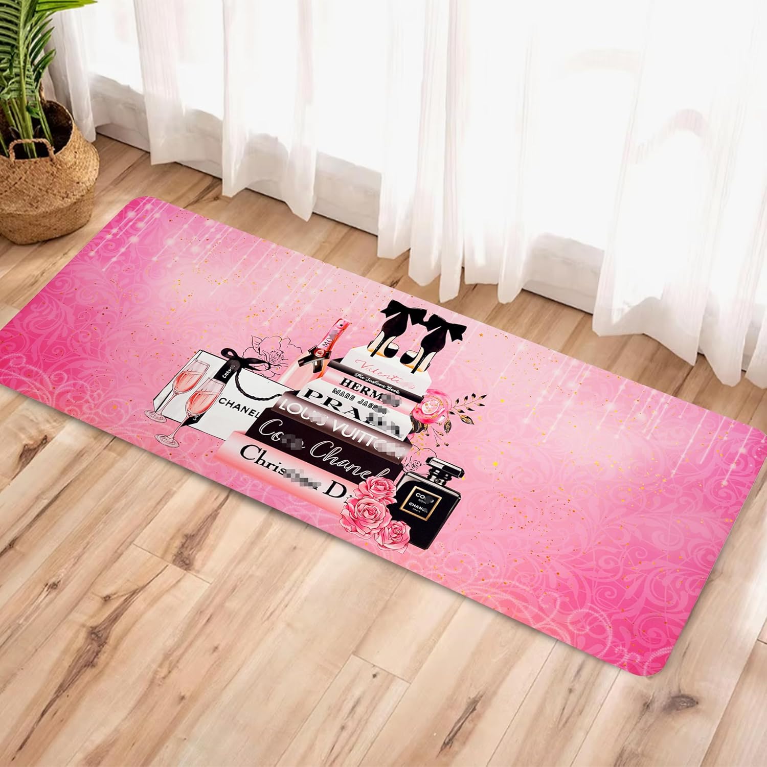 Pink Bathroom Rugs, Girly Fashion Book Floral Perfume Bath Mat, Suede Absorbent Pink Bathroom Decor Floor Mat with Non Slip Rubber Backing, 20 x 32 Inch