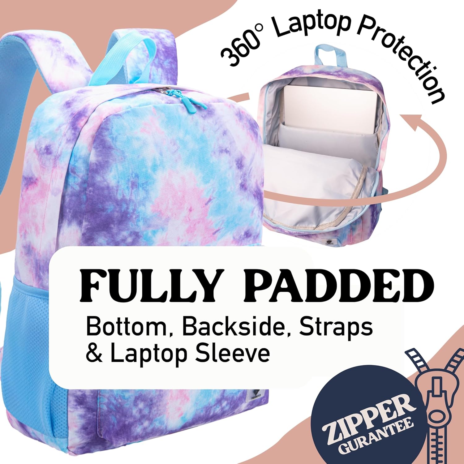 Fenrici Tie Dye Backpack for Girls, Teens, Girls' Backpack for School, Kids' Bookbags with Padded Laptop Compartment, Tie Dye, Pink, Pastel, 17 Inch