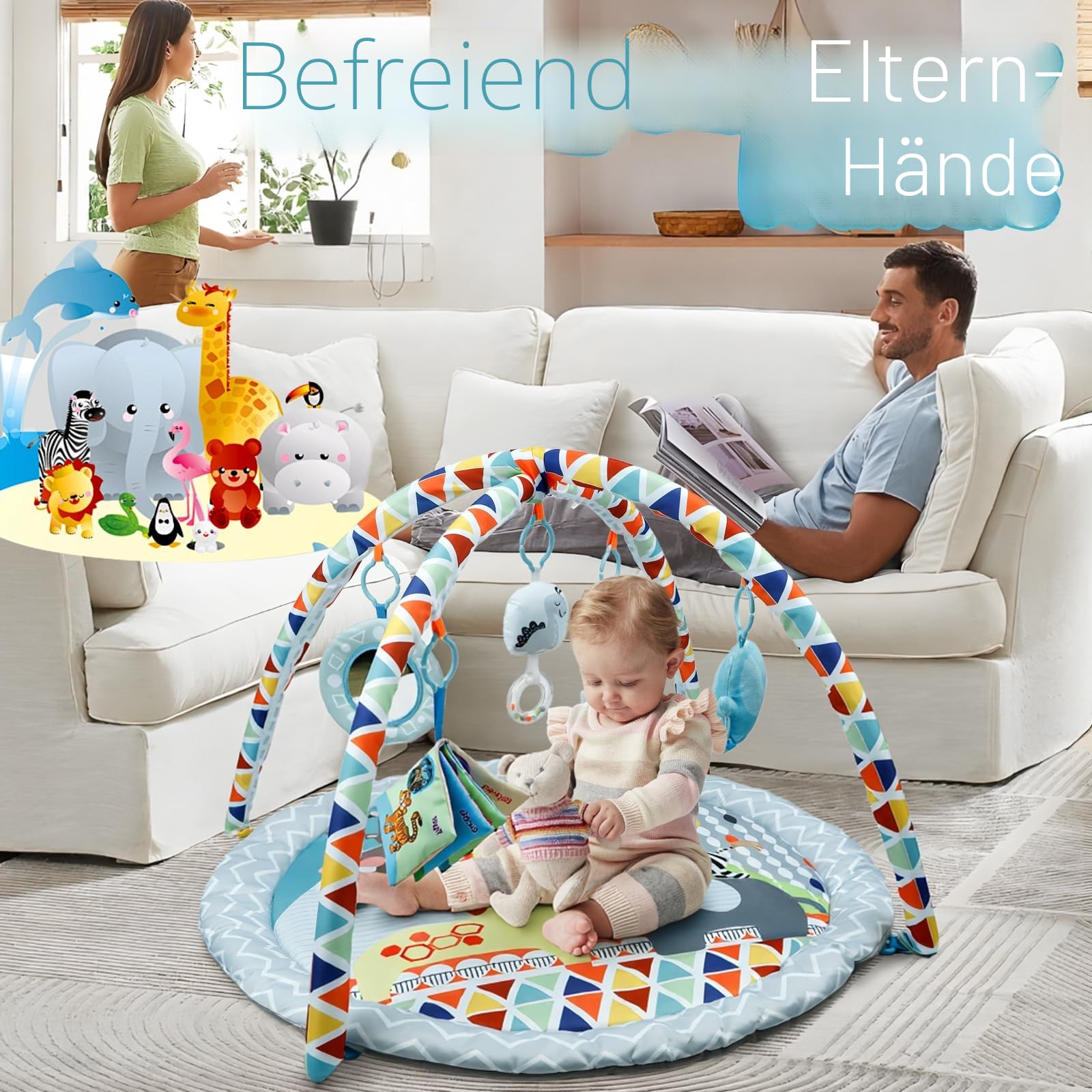 Baby-Spielmatte, Spielzeug, Baby-Fitnessstudio für Neugeborene mit hängendem Spielzeug, Bauchzeitkissen und bequemen Matten für Bodenspielmatten und Boden-Fitnessstudios