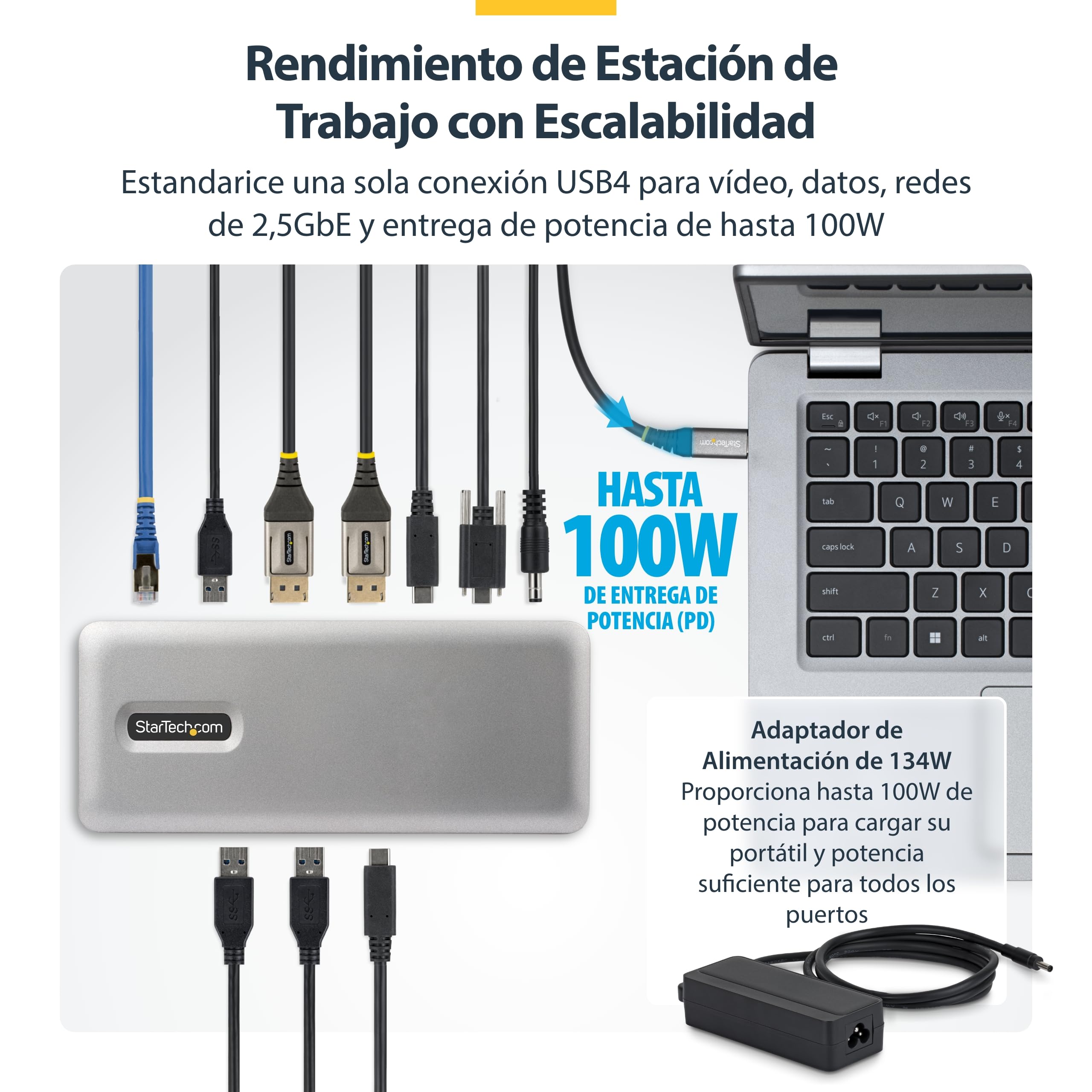 StarTech Dock USB4 Universal, 4K 144Hz Doble o 8K 60Hz DisplayPort, 100W | 4K 144Hz doble u 8K 60Hz, Ethernet de 2,5Gbps, Arranque PXE y Wake-on-LAN, Ranuras de bloqueo, Montaje VESA