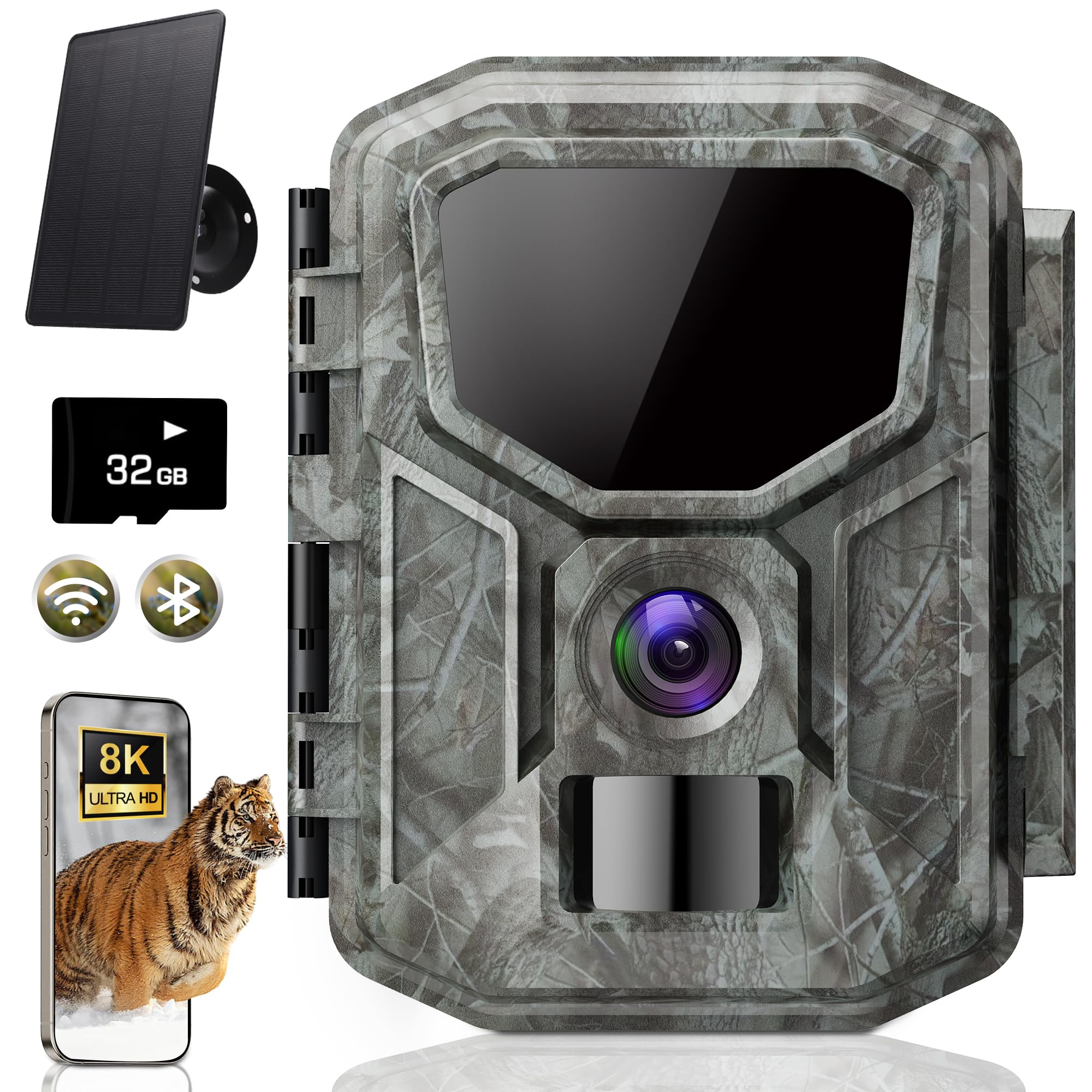 8K Solar Wildkamera mit unbegrenzter kostenloser App, 7800mAh Akku, 850nm Nachtsicht, 0,1S Bewegungserkennung, IP66 wasserdicht, Wildkamera mit 32GB Speicherkarte, Tierkamera | 0,1S Bewegungserkennung, IP66 wasserdicht, Unbegrenzte kostenlose App, Tierkam