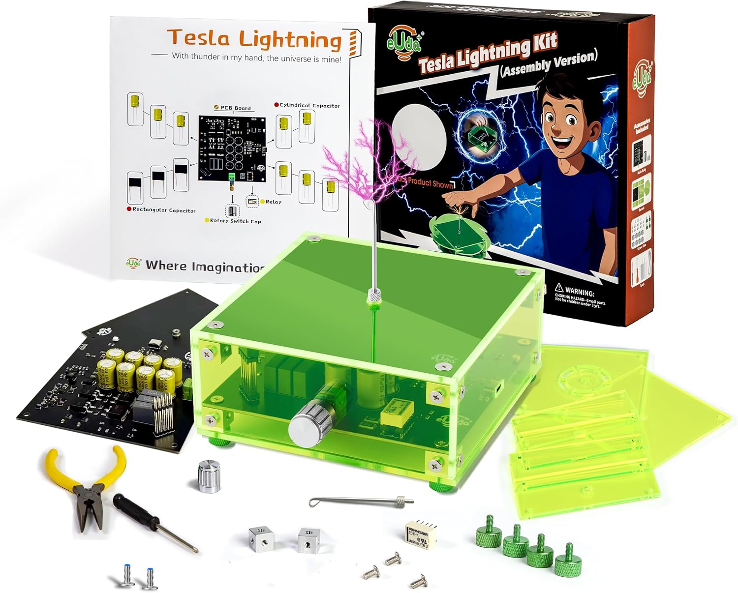 eUda+ STEM Tesla Lightning Kit – Ideal Toys for Ages 8-13 Science Kits for Kids Age 12-14 Physics Toys – Cool DIY Electronics Gift for Teen Boys 8+ in Rectangular-Fluorescent Green (Assembly Version)
