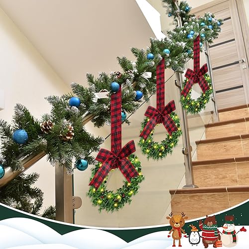 Miniatura 6 de 12 coronas de boj con lazo, corona de Navidad con luces LED, corona de Navidad sintética con bayas rojas, corona colgante artificial para decoración