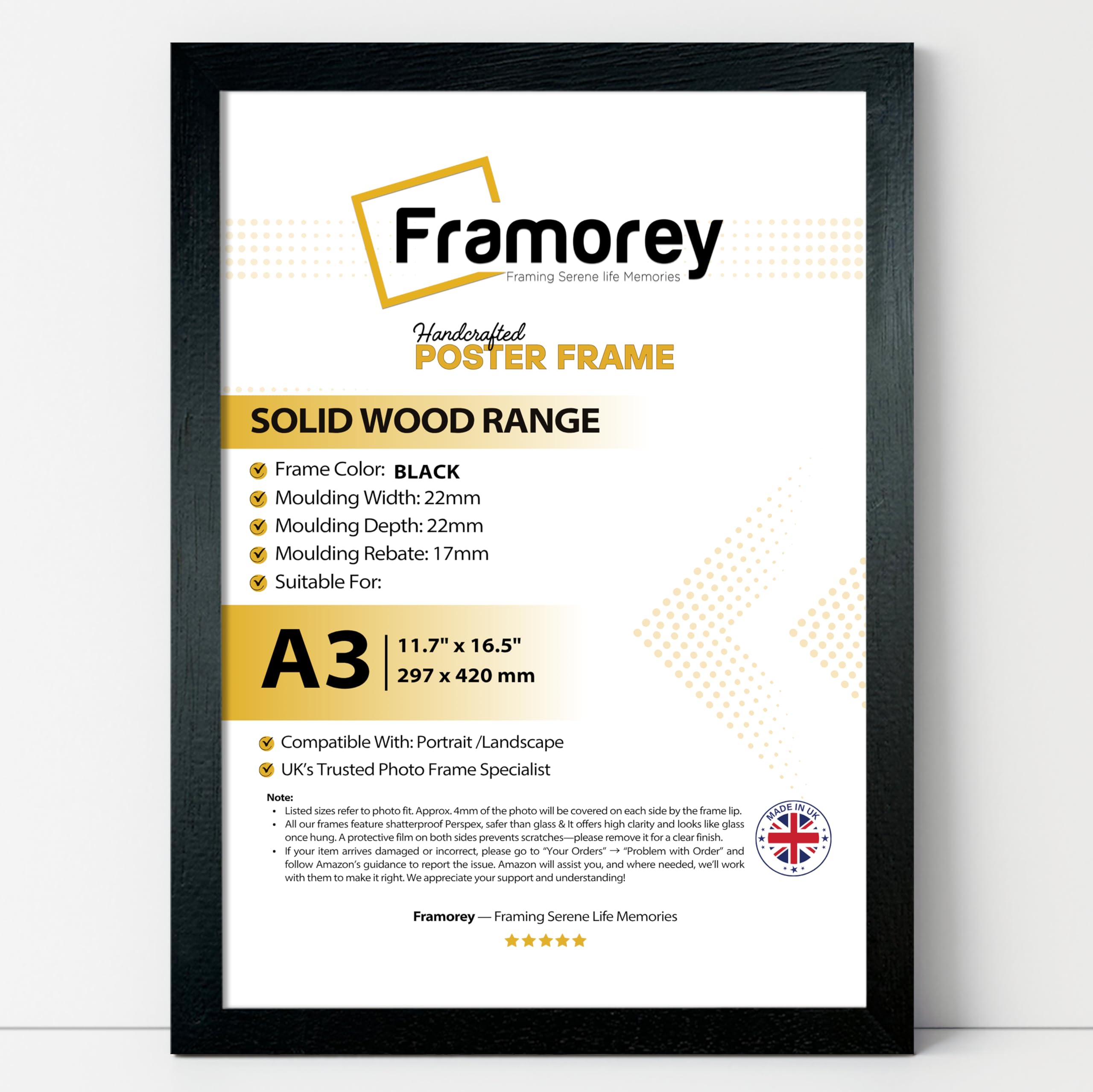 Framorey Framing Serene Life Memories Black Framorey A3 Picture Frames, 100% Solid Wood Photo Frames With Acrylic Glass For Wall Mounting, 29.7 X 42 Cm Poster Frames For Portrait, Printing, A3 Poster Documents Certificate Frame