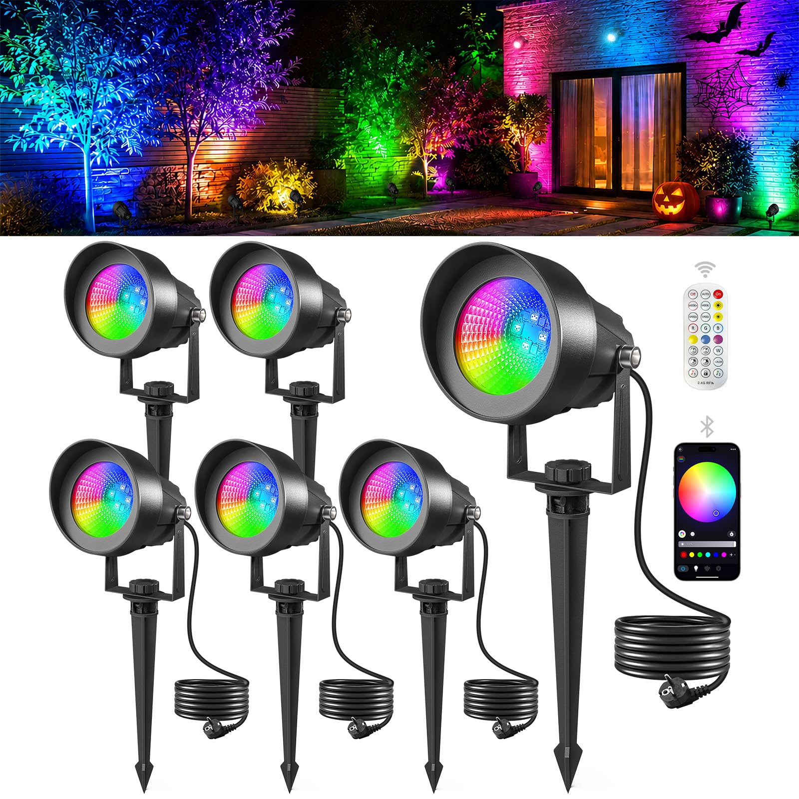 T-SUN RGB Gartenbeleuchtung LED mit Fernbedienung und App Steuerung, IP65 | Wasserdicht Gartenleuchten mit Strom, 16 Farben 44 Dynamische Modi RGB gartenstrahler für Außen, Rasen, Baum, Wegen(6 Stück)