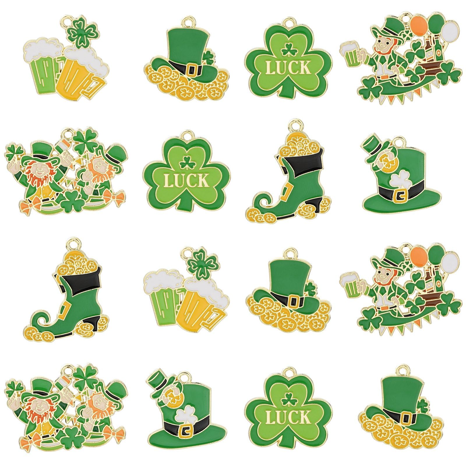 Stiesy 28Pcs 7 Styles St Patrick's Day Theme Charms Pendants Enamel Shamrock Clover Charm Green Hat Beer Charms for Jewellery Making DIY Bracelet Crafting