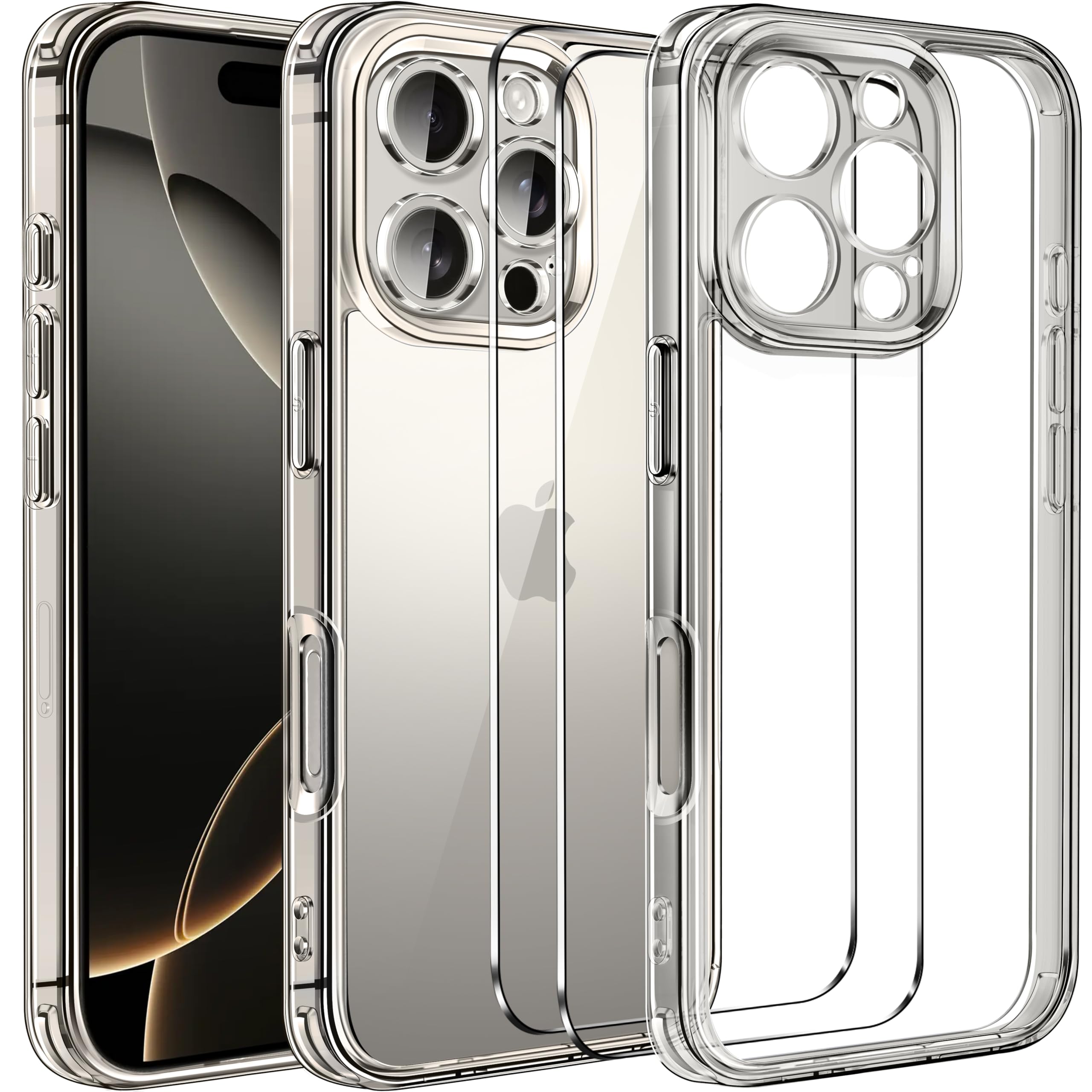 iVoler Cover Chiaro per iPhone 16 Pro con 2 Pezzi Pellicola Vetro Temperato, [Antiurto di Grado Militare][Protezione Fotocamera] Custodia Trasparente Sottile Anti-Ingiallimento Case - Titanio