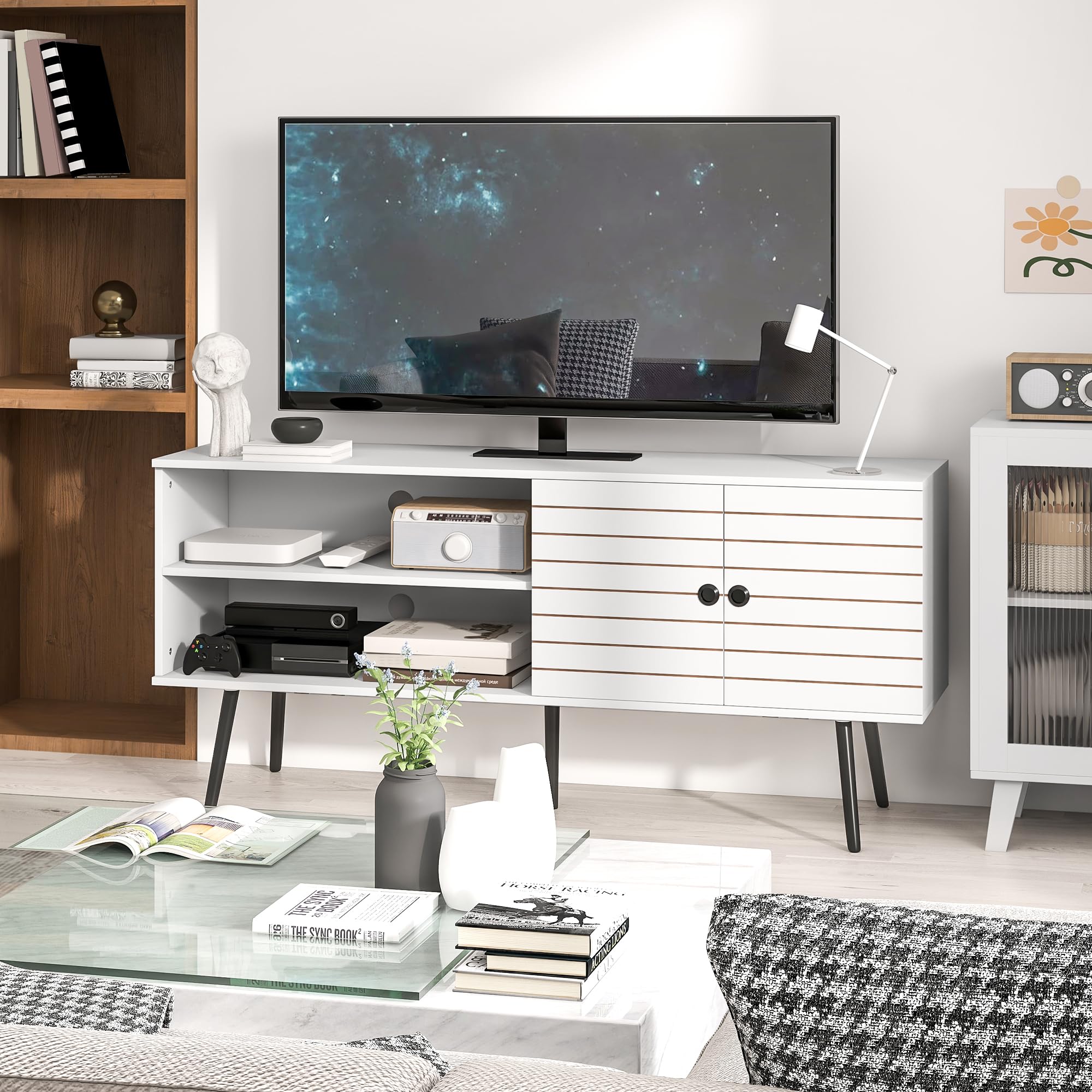 HOMCOM Mueble de TV para Televisores de 65 Pulgadas 145x38x65 cm Blanco | para Salón, Mesa para Televisores, Mueble para TV Moderno, 2 Estantes Abiertos, 1 Estante Ajustable, 55 Pulgadas