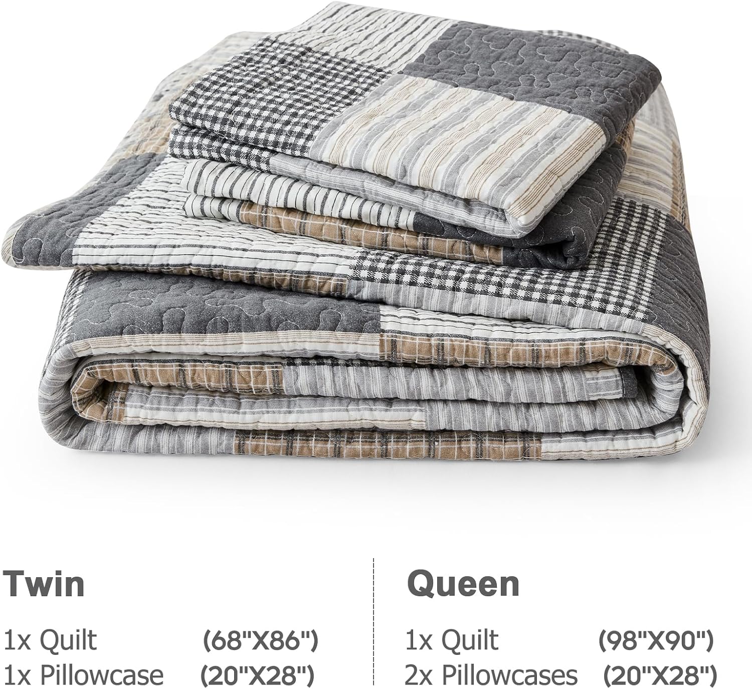 Finlonte Twin Size Quilt Set - 100% Cotton Twin Size Comforter, Plaid Quilted Bedspread Farmhouse Country Bed Spread, Lightweight Reversible Quilt Bedding Set All-Season, Gray/Brown/Black/White, 3Pcs - Image 6